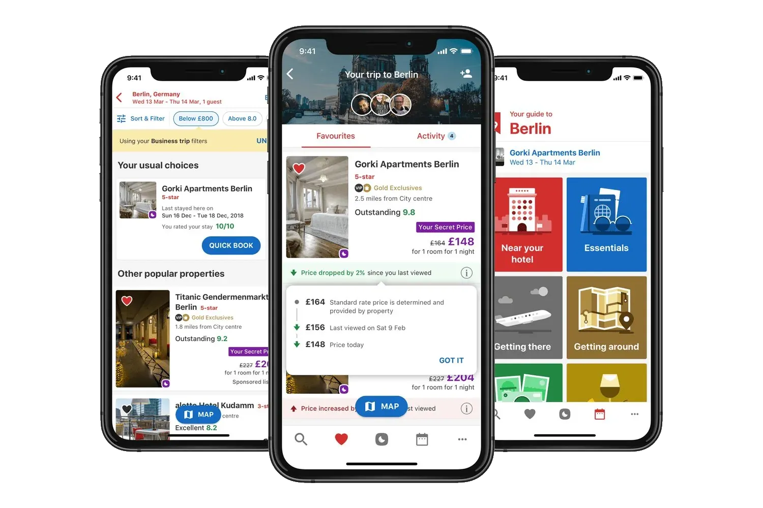 Three iPhones. A results list with business-trip filters, a trip to Berlin with a price change, and a Berlin guide with tiles for the hotel, essentials, and getting around.