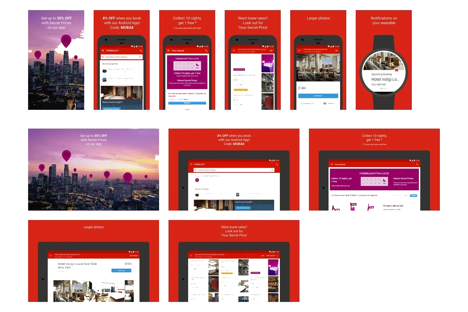 App Store screenshots on red. Secret Prices, a code for the Android app, rewards, larger photos, and a watch notification for Hotel Indigo.