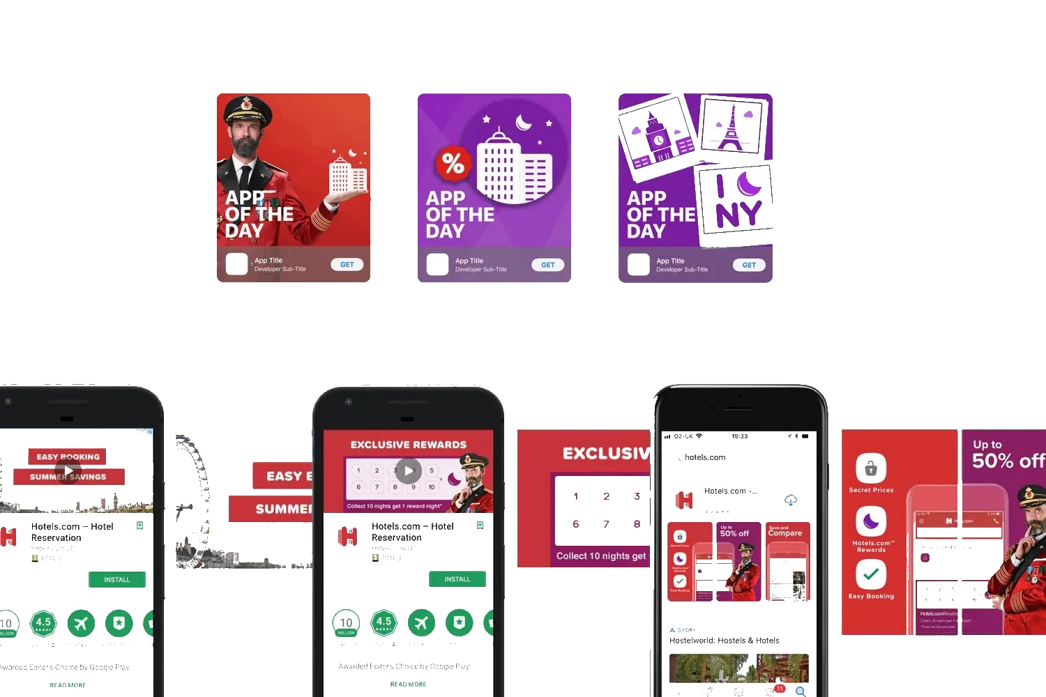 Store artwork for App of the Day, and the Google Play listing with an Editors’ Choice badge.