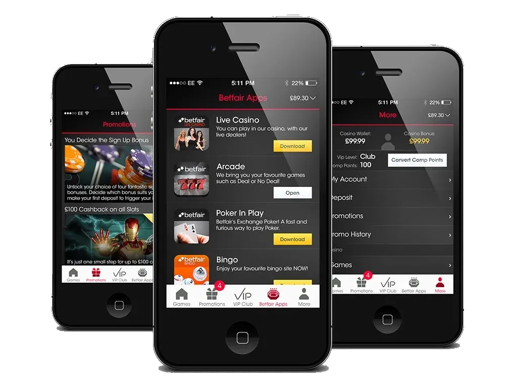 Three iPhones showing Betfair Arcade, the lobby and a game.
