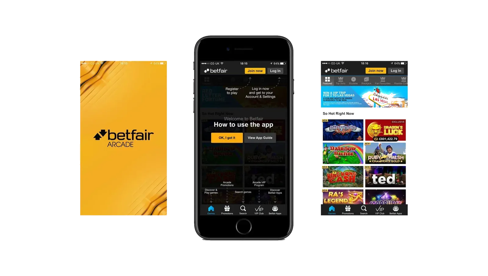 Betfair Arcade. A yellow title card, an iPhone pointing at Join now and Log in, and the game lobby.