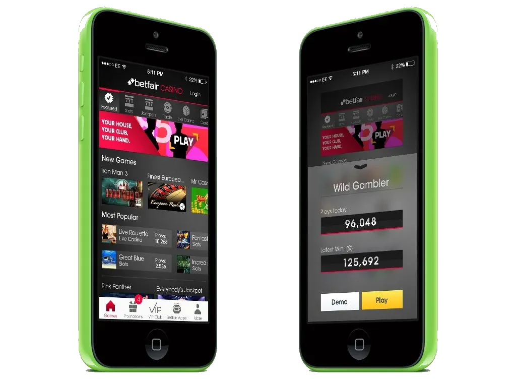 Two iPhones in green cases. One is the Betfair Casino lobby, with New Games and Most Popular. The other is Wild Gambler, with Demo and Play.