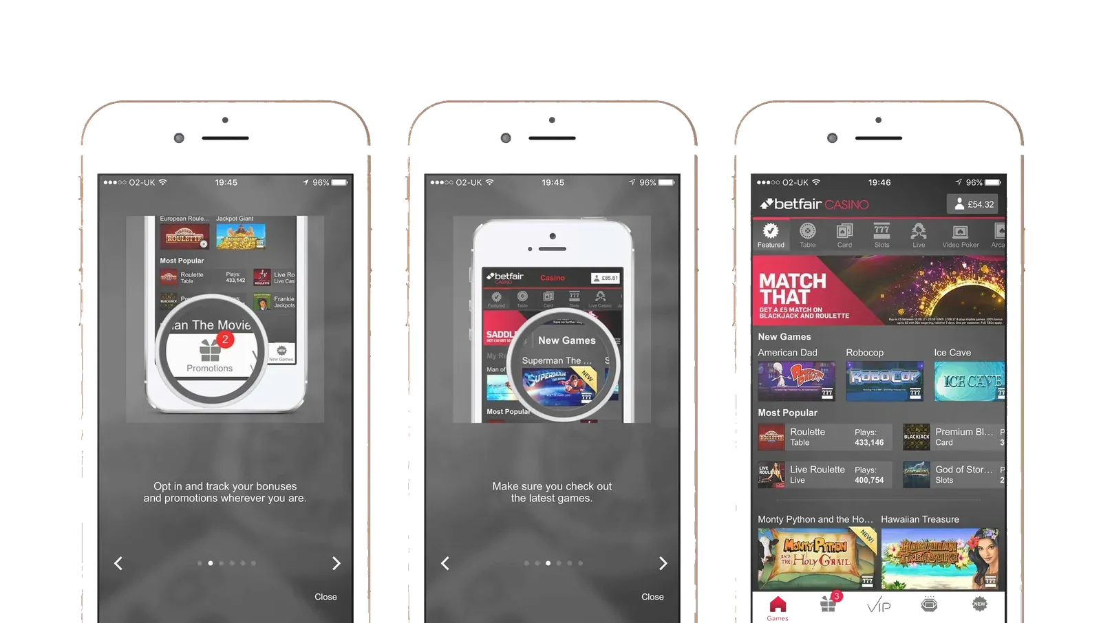 Three iPhones. Two show the Betfair Casino introduction, with Promotions and New Games circled. The third is the lobby, with a balance of £54.32.