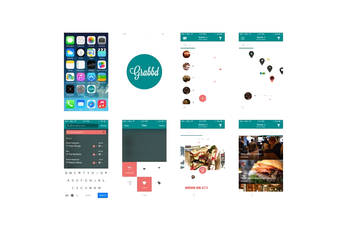 Grabbd on iPhone: a teal mark, a list of places, a map, search, a filter for restaurants, and a page for Café Rouge.