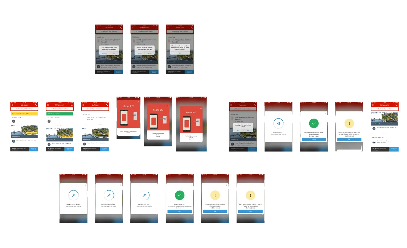 The mobile key flow on iPhone, from a booking at Hotel Skeppsbron through Bluetooth, room 217, and the check-out states.