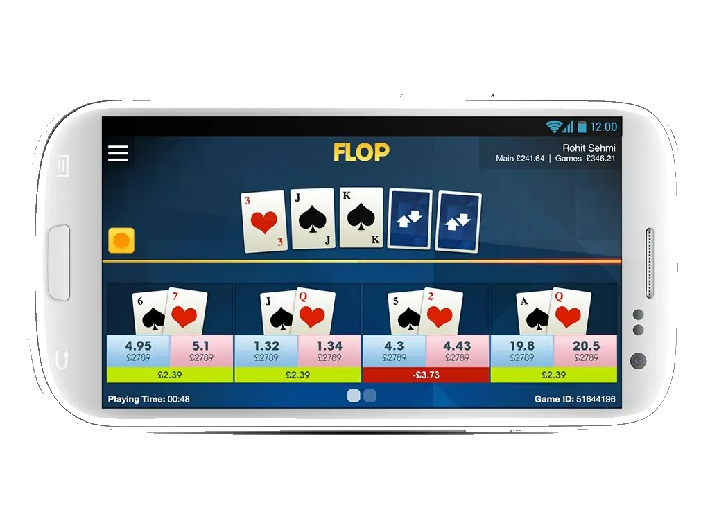 A white Android phone on the same poker table, at the flop.