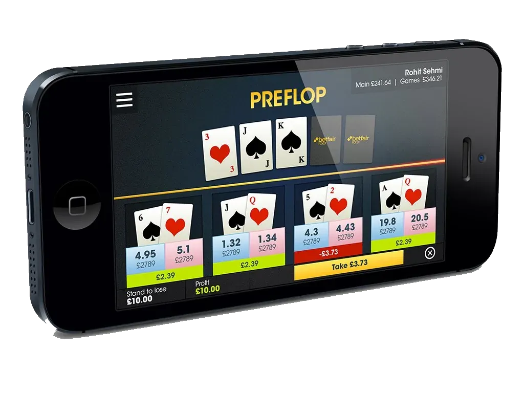 A black iPhone on a Betfair poker table, at preflop, with the hole cards and the betting buttons.