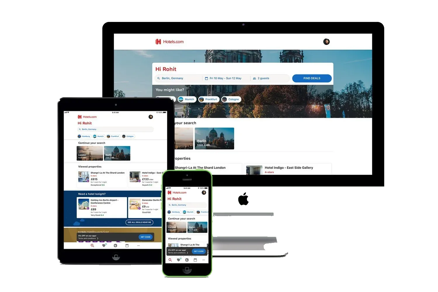 An iMac, an iPad, and an iPhone on a desk, all showing the Hotels.com site and app.