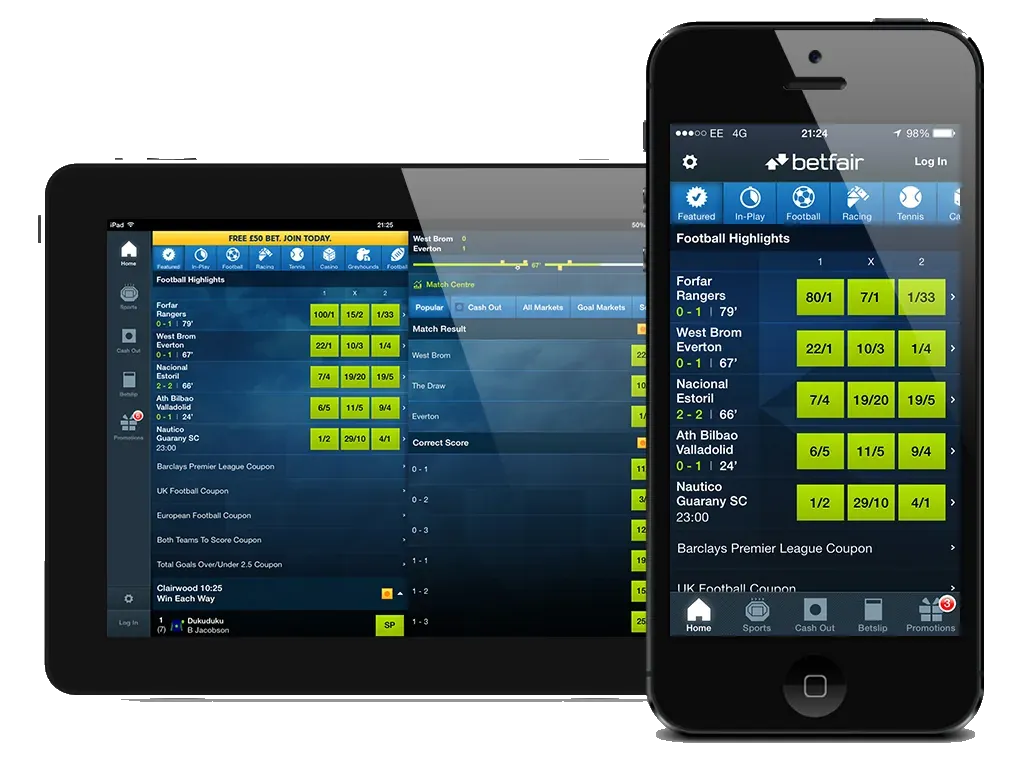 Betfair Sportsbook on an iPad and an iPhone, football highlights with green odds.