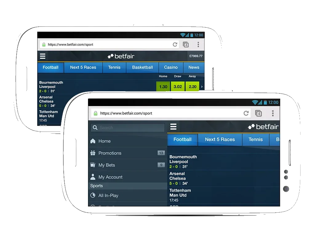 The same sportsbook in a mobile browser on two Android phones, open at betfair.com/sport.
