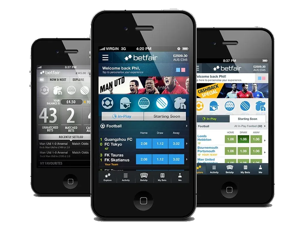 Three iPhones. The left is the exchange, with unmatched and matched bets. The middle and the right are the sportsbook, in-play football, one with blue odds and one with green.