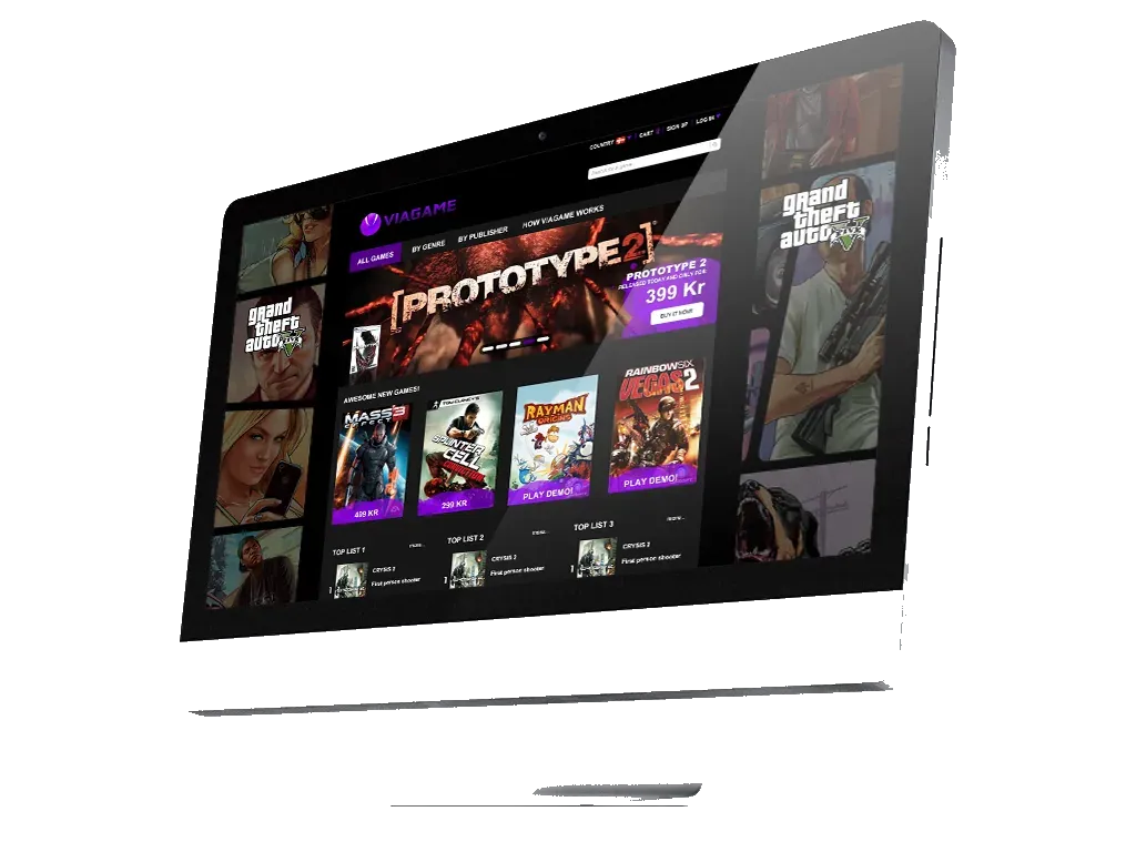 The Viagame store on a desktop screen, with Prototype 2 at 399 kr and a row of games under it.