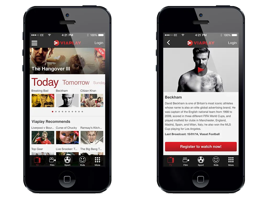 Two iPhones running a Viaplay concept. One lists today and tomorrow, with The Hangover III. The other is a Beckham page, with a trailer and a register button.
