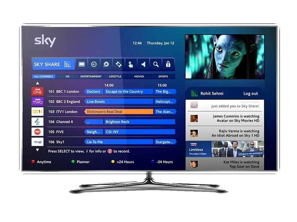 A television concept signed in to Sky. The guide lists BBC, ITV, Channel 4, and Sky, and a panel shows what other people are watching.