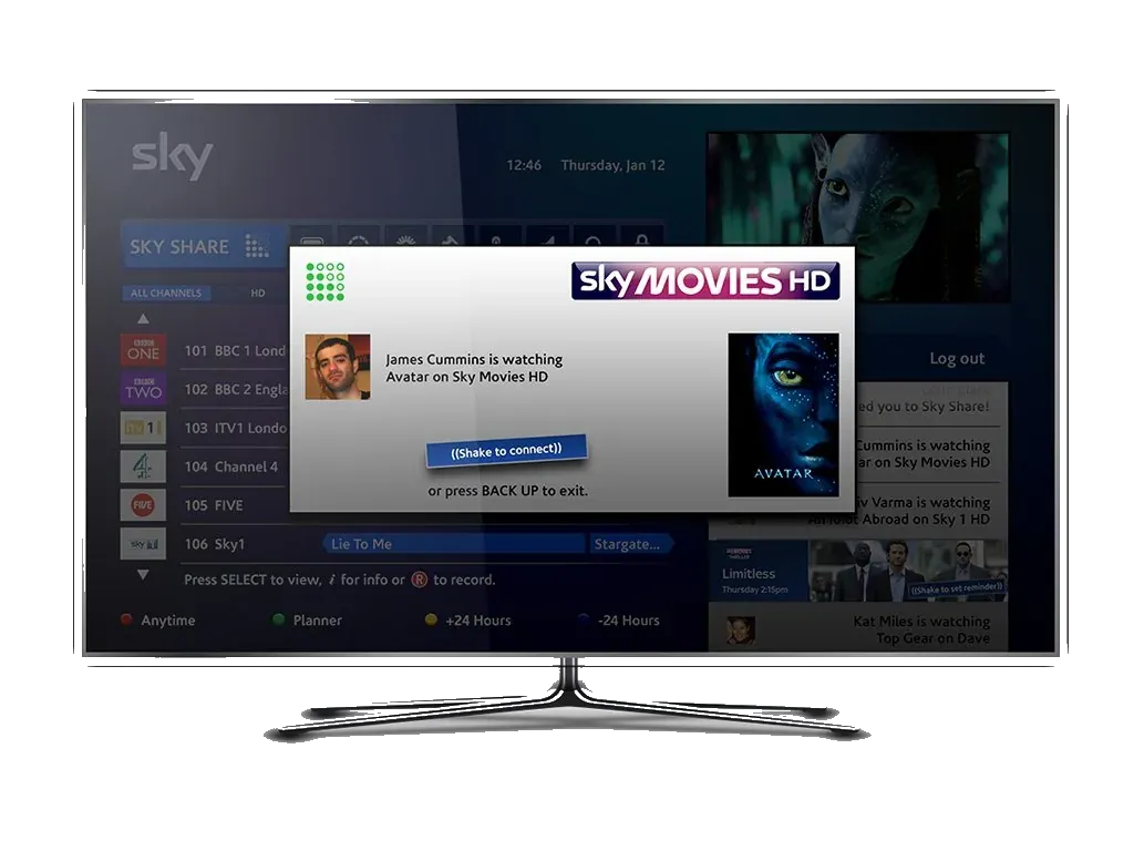 The same television, with a note over the guide. James Cummins is watching Avatar on Sky Movies HD, and a button says shake to connect.