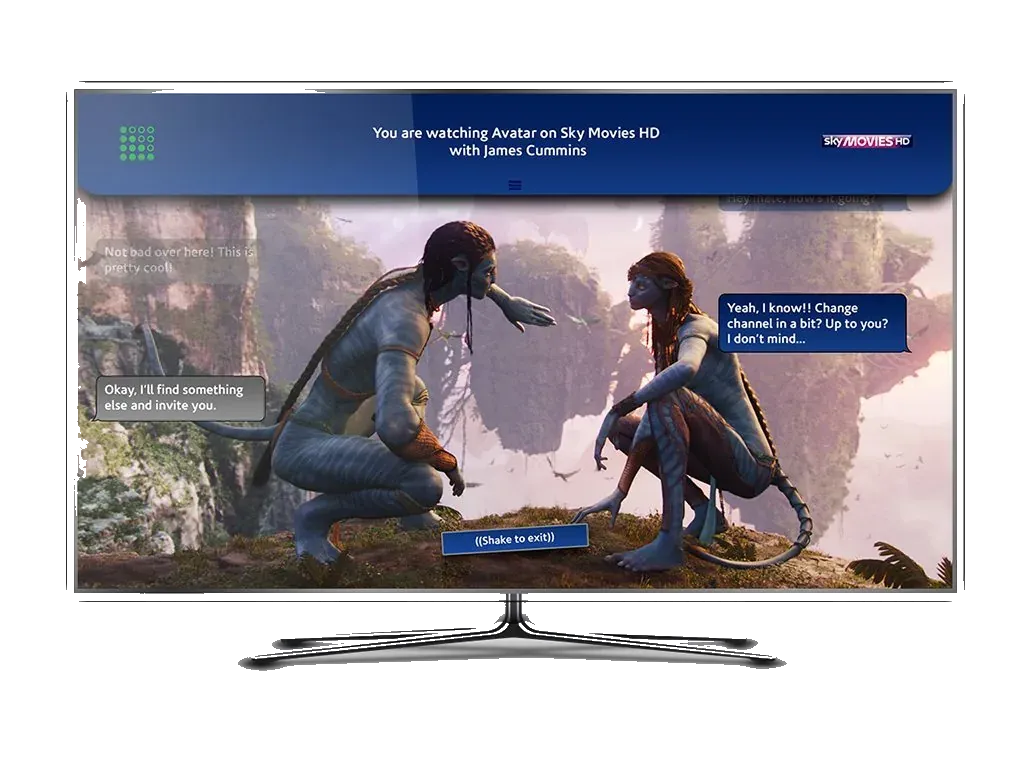 Avatar full screen, with a bar that says you are watching with James Cummins, and chat bubbles over the picture. A button says shake to exit.