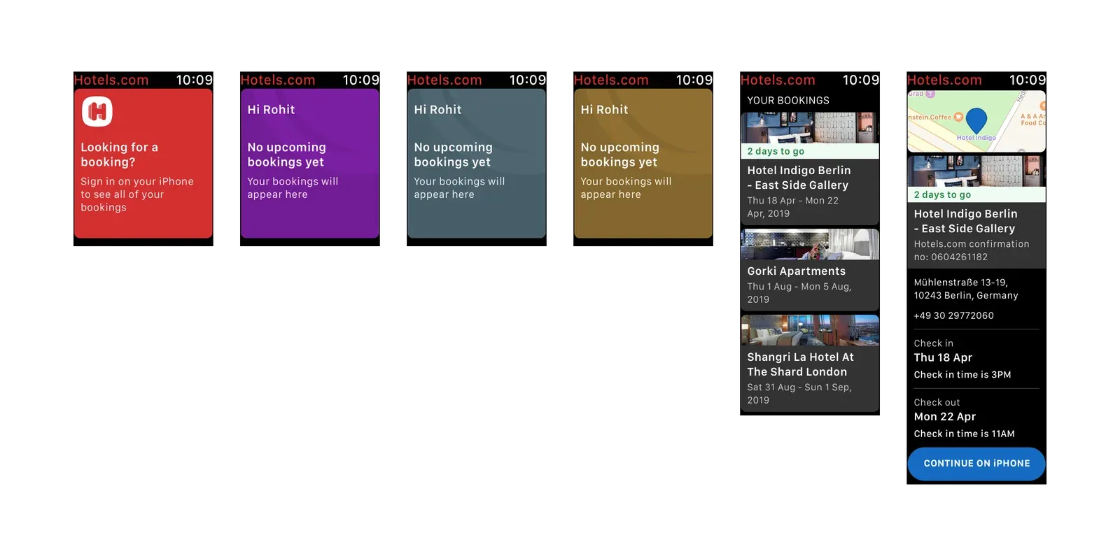 Hotels.com on a watch: a sign-in card, empty states in purple, slate and gold, a list of bookings, and a stay at Hotel Indigo Berlin with check-in times.