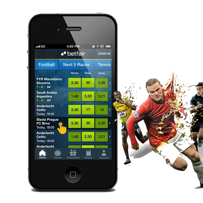 A black phone showing the Betfair football coupon with green odds, beside a composite of players in red.