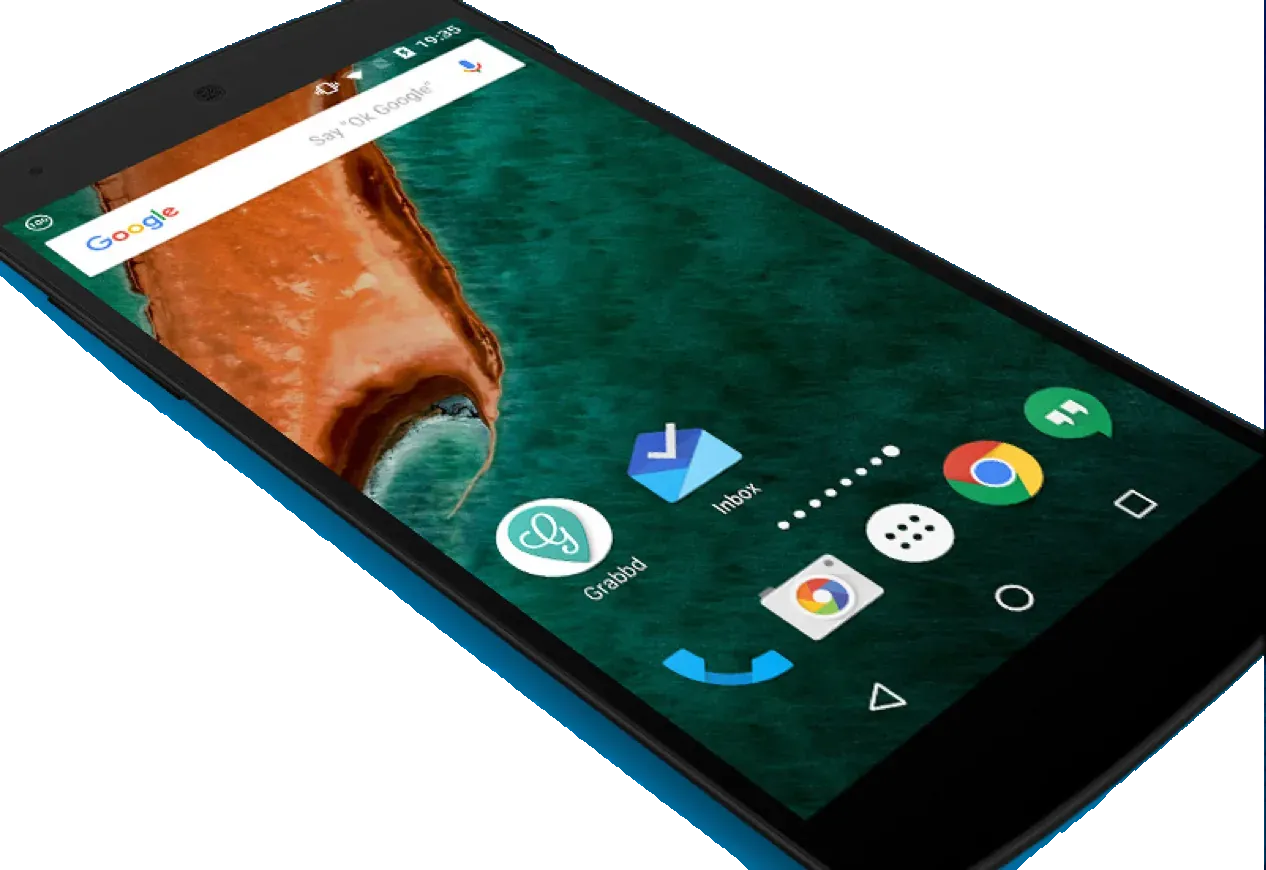 A black Android phone on a blue ground, home screen open on the Grabbd icon.