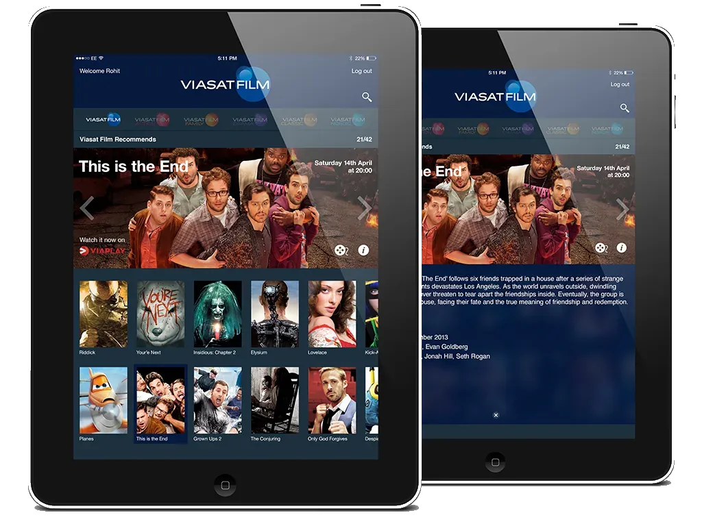 Two tablets showing the Viasat Film recommendations screen, with This is the End as the featured title.
