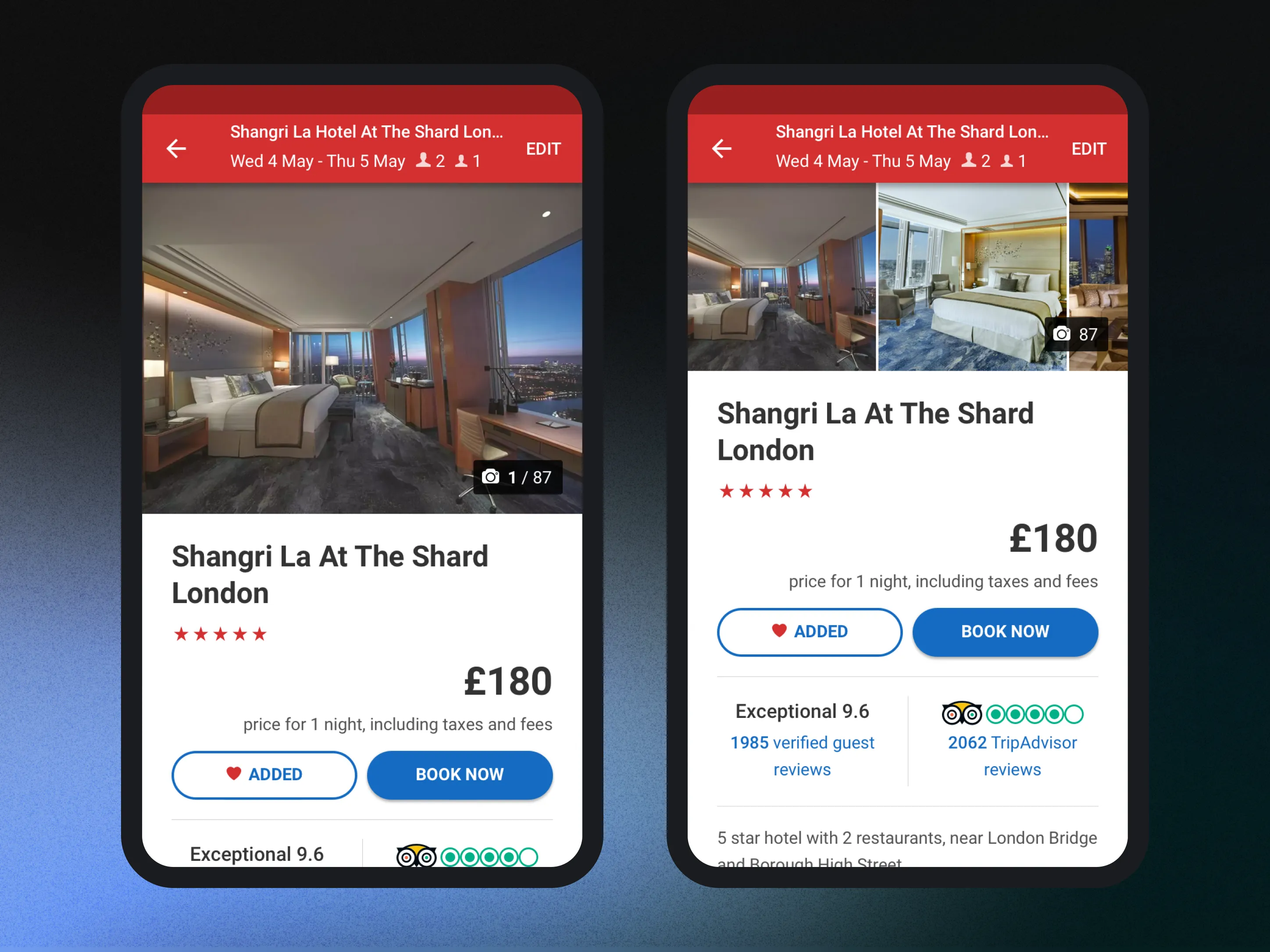 Two phone screens of the same Hotels.com stay. One shows a single photo of the room. The other shows several photos, the price, and a Book now button.