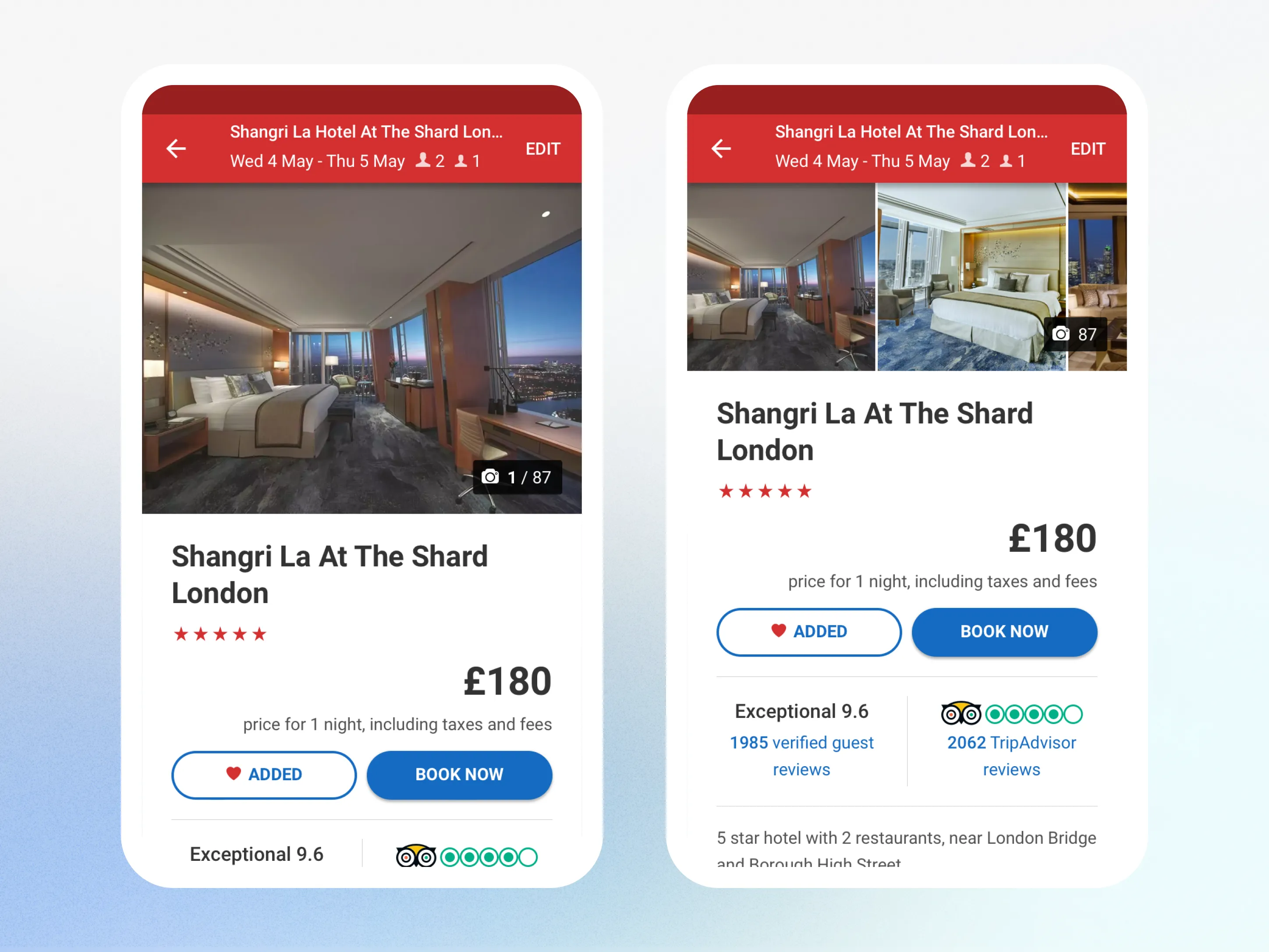 Two phone screens of the same Hotels.com stay. One shows a single photo of the room. The other shows several photos, the price, and a Book now button.