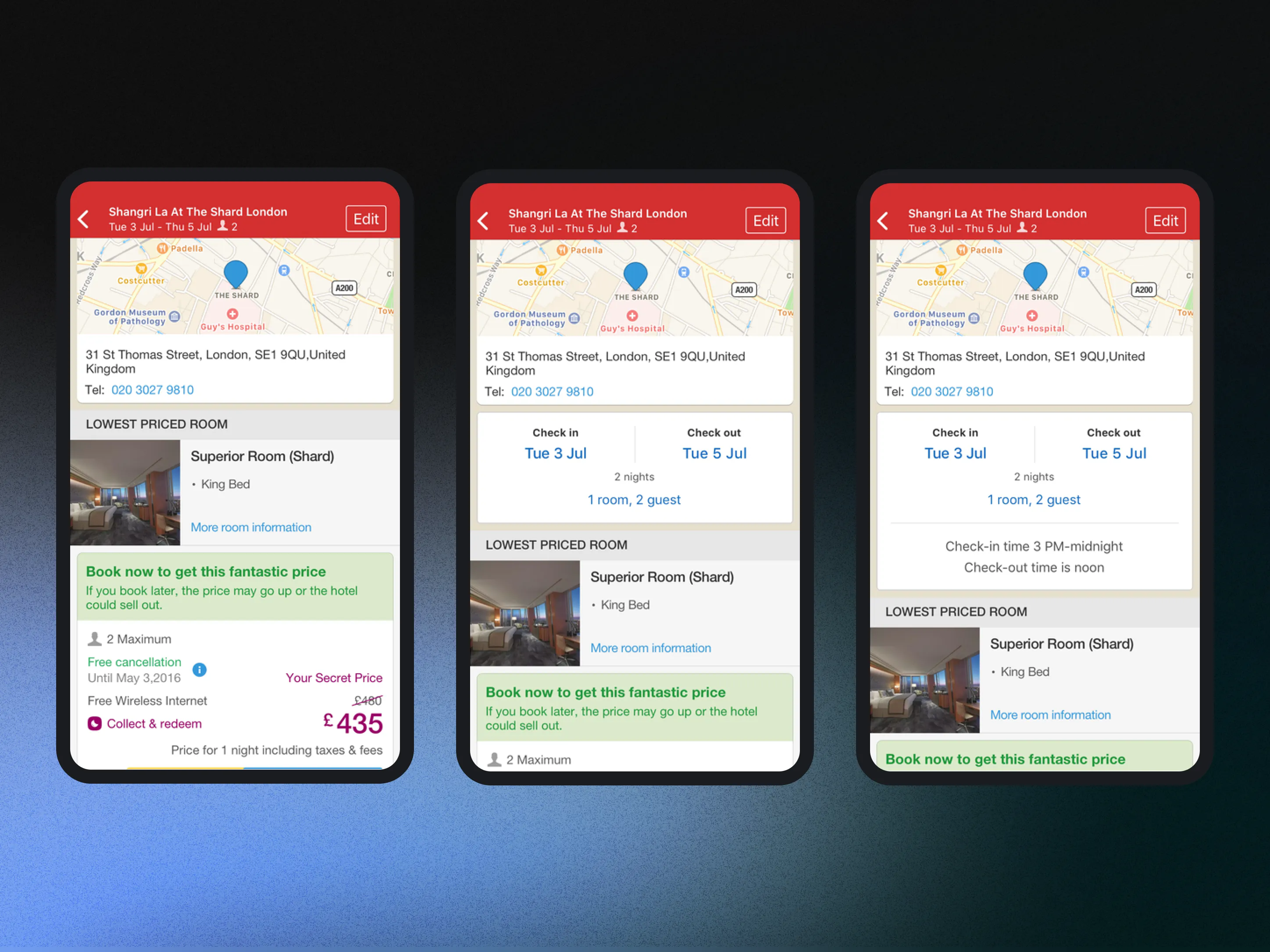 The iOS search recap test: a control, and two variants adding check-in and check-out details above the lowest-priced room, with conversion, engagement, attention and confidence figures beneath each.