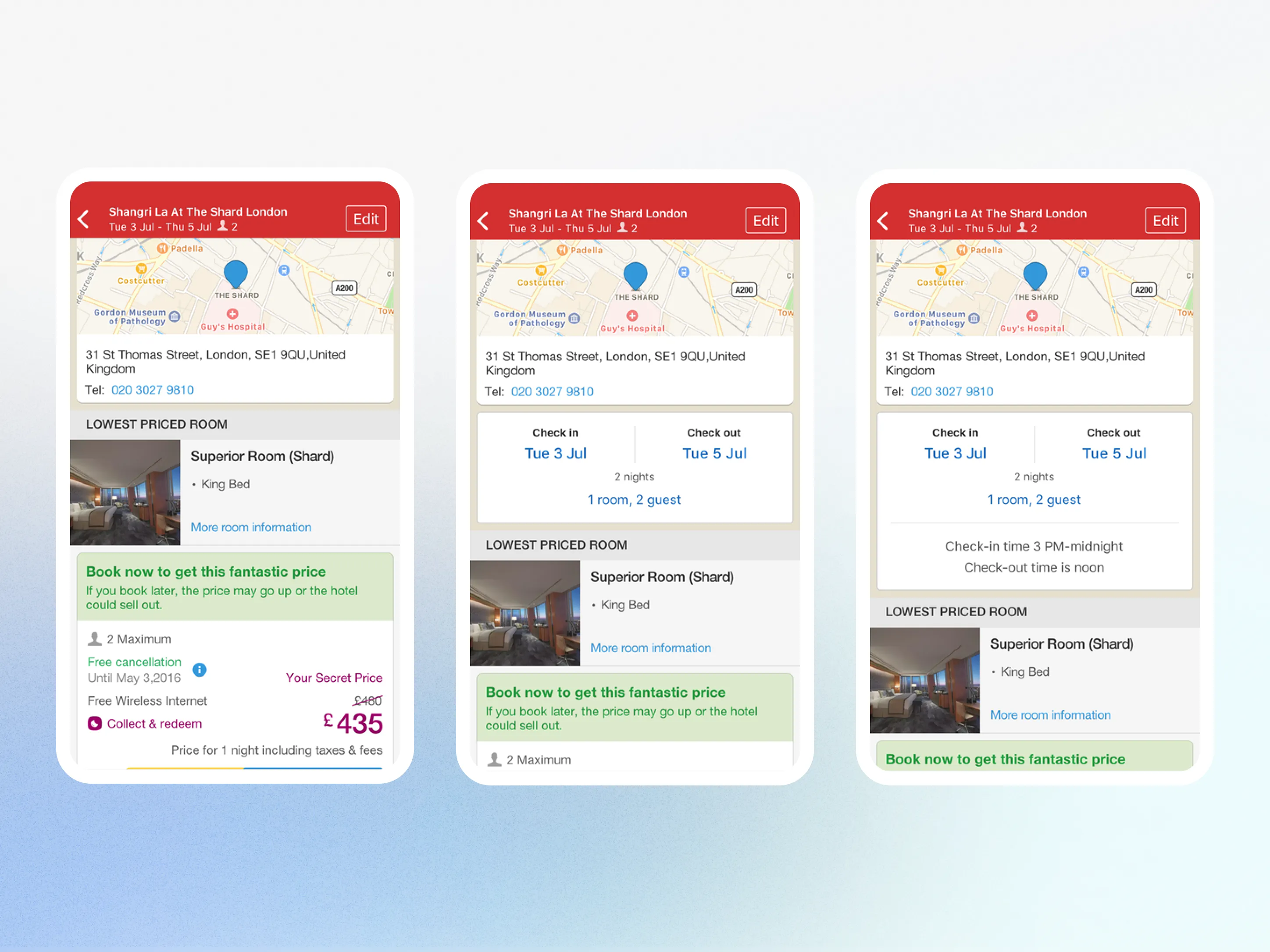 The iOS search recap test: a control, and two variants adding check-in and check-out details above the lowest-priced room, with conversion, engagement, attention and confidence figures beneath each.