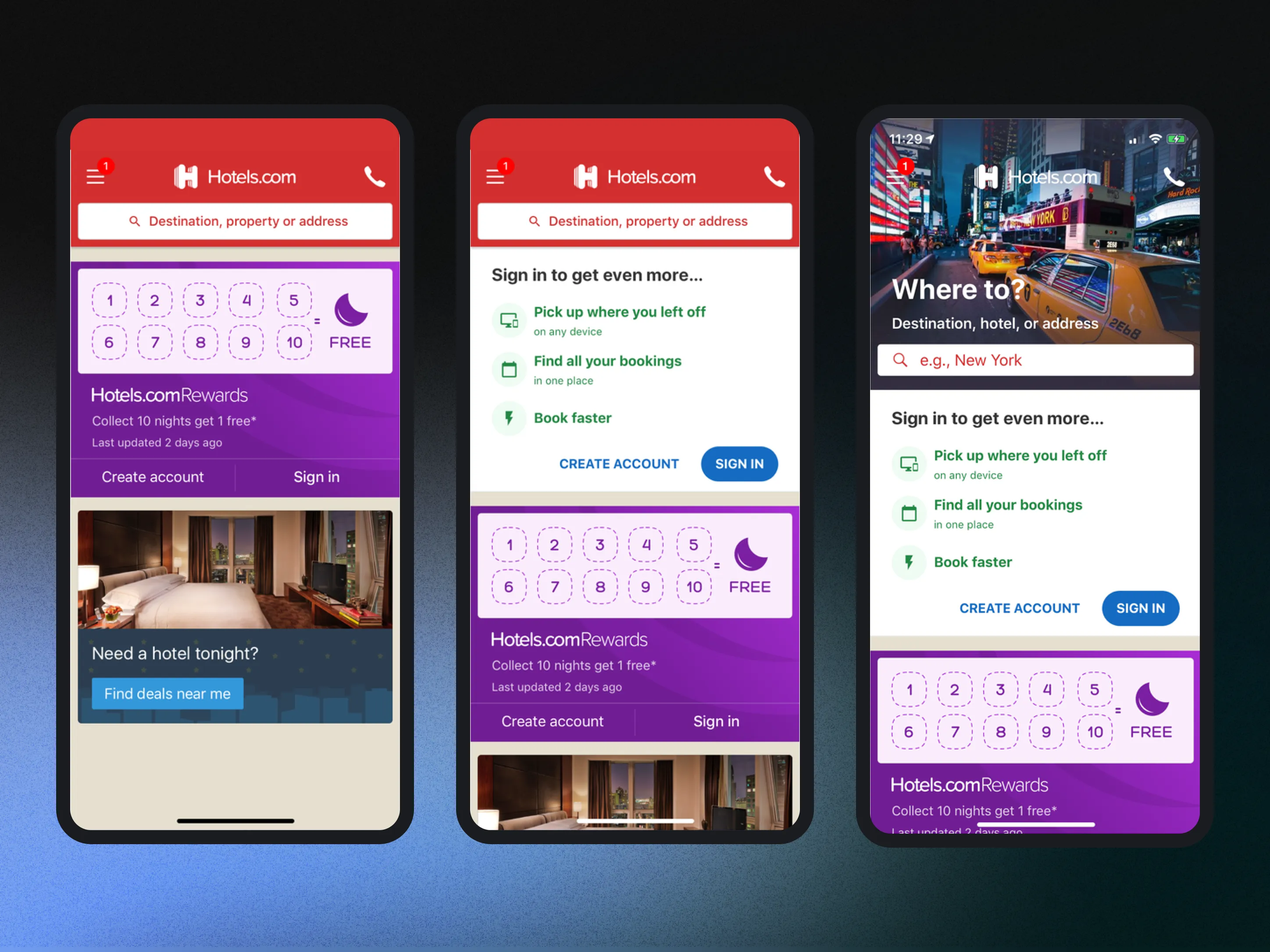 The sign-in module test: a control home, a variant placing a sign-in prompt above the rewards module, and a second variant that also swaps in a carousel hero image. Every measure still running.