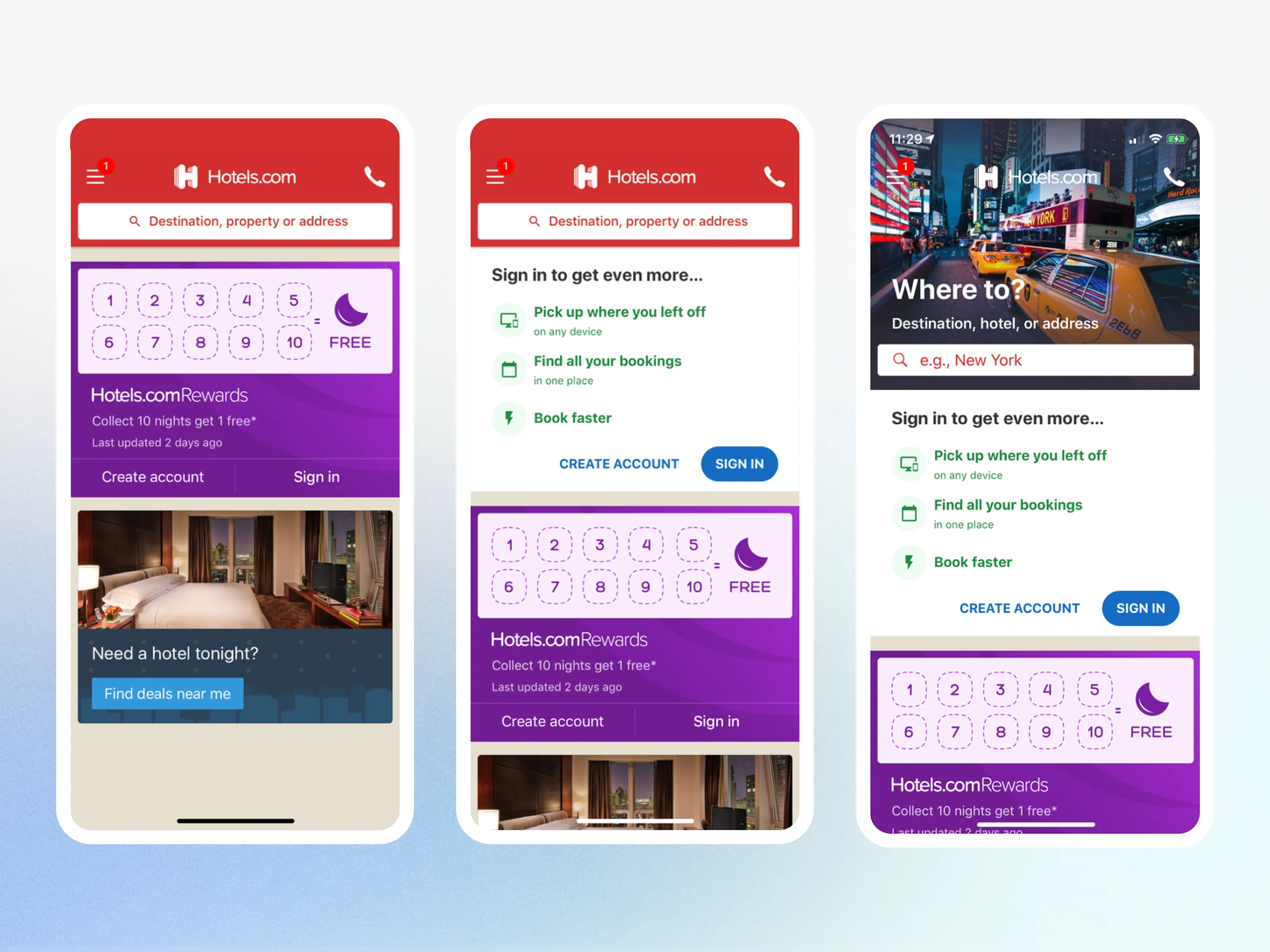 The sign-in module test: a control home, a variant placing a sign-in prompt above the rewards module, and a second variant that also swaps in a carousel hero image. Every measure still running.