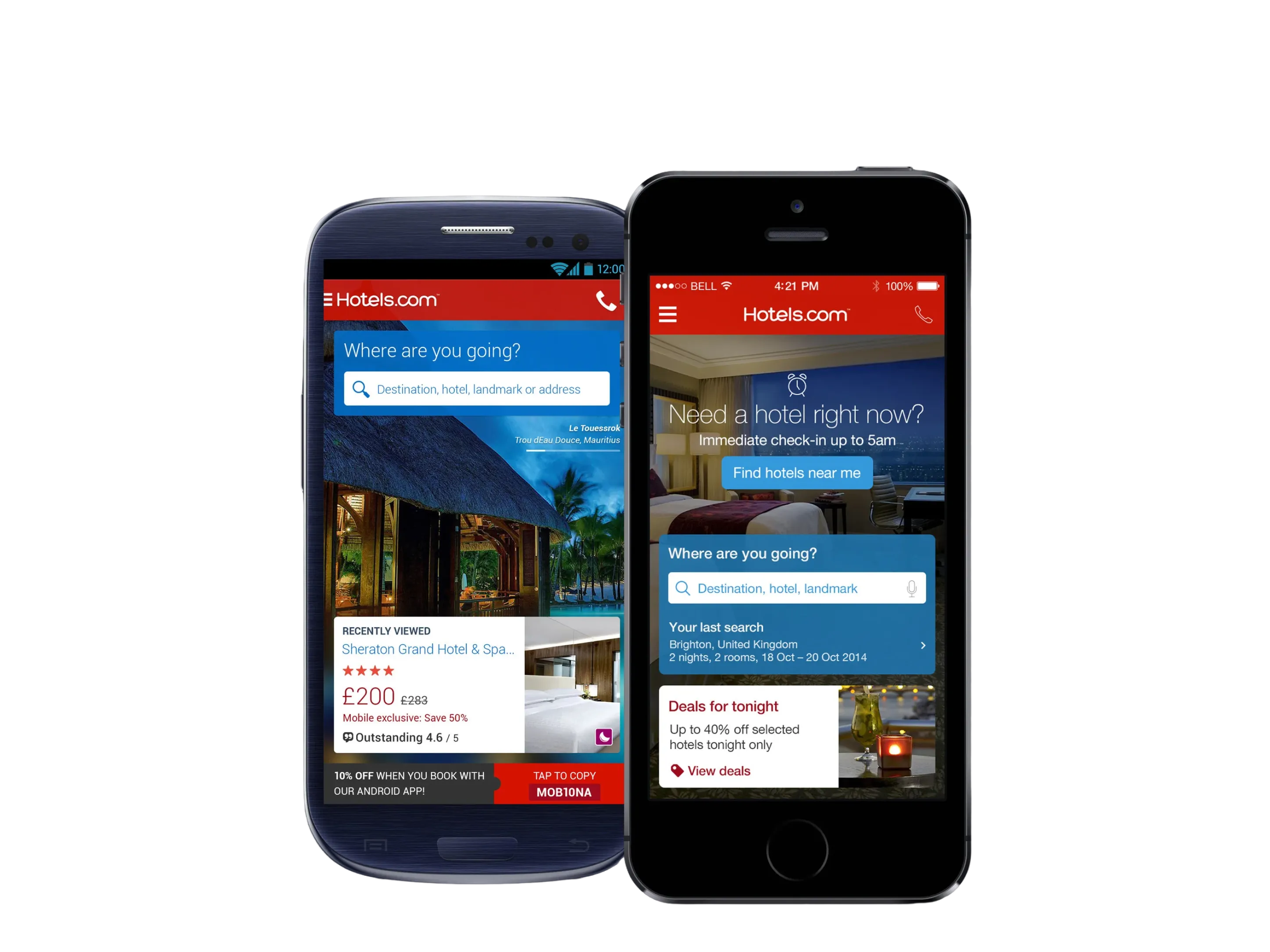 The Hotels.com home on a Samsung Galaxy S3 and an iPhone 5s. A blue "Where are you going?" card sits over a full-bleed destination photograph, with a recently viewed property card below it.