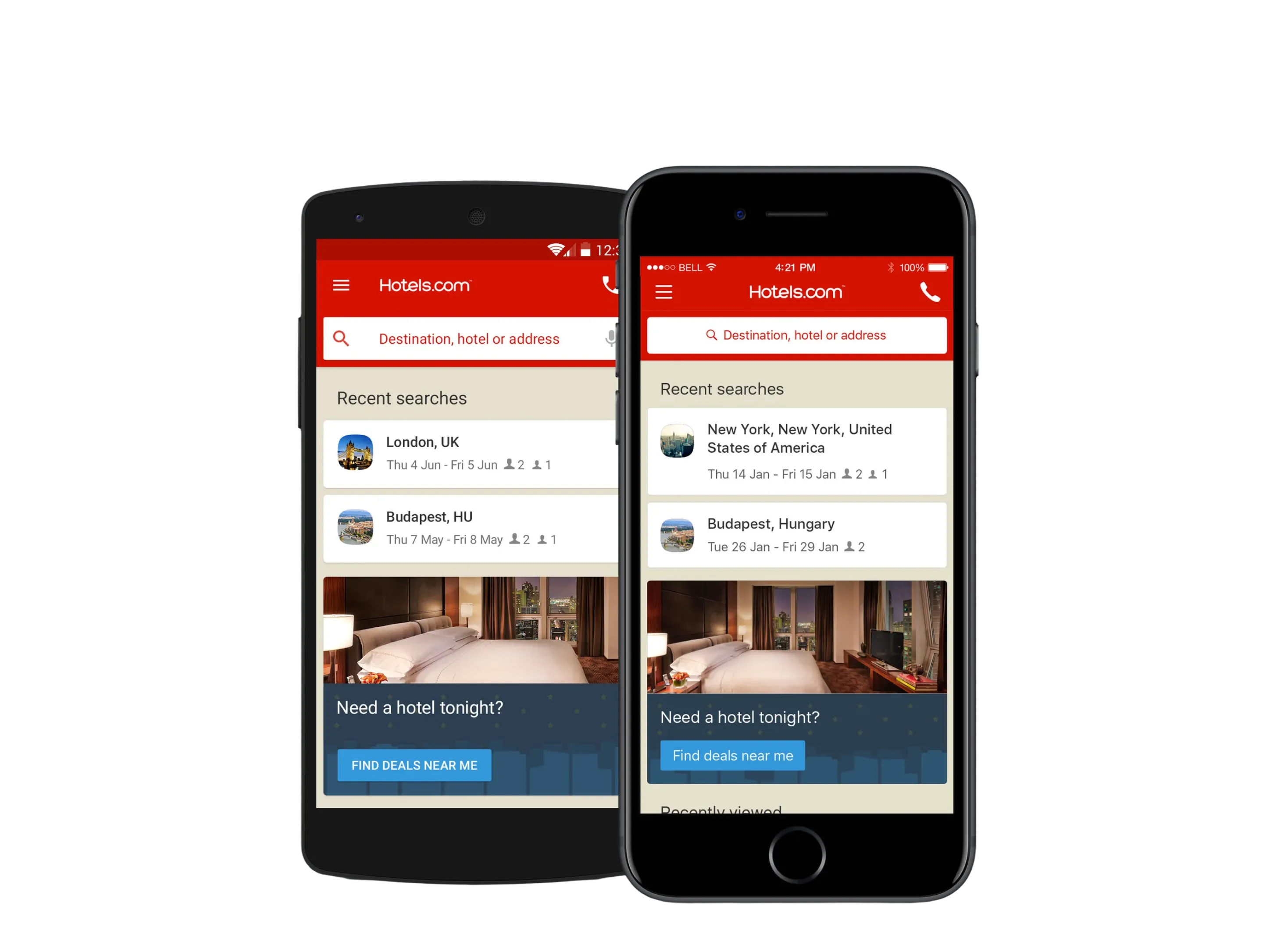 The Hotels.com home on Android and an iPhone 6. The search field has moved up into the red header, with a list of recent searches below it and a "Need a hotel tonight?" card under that.
