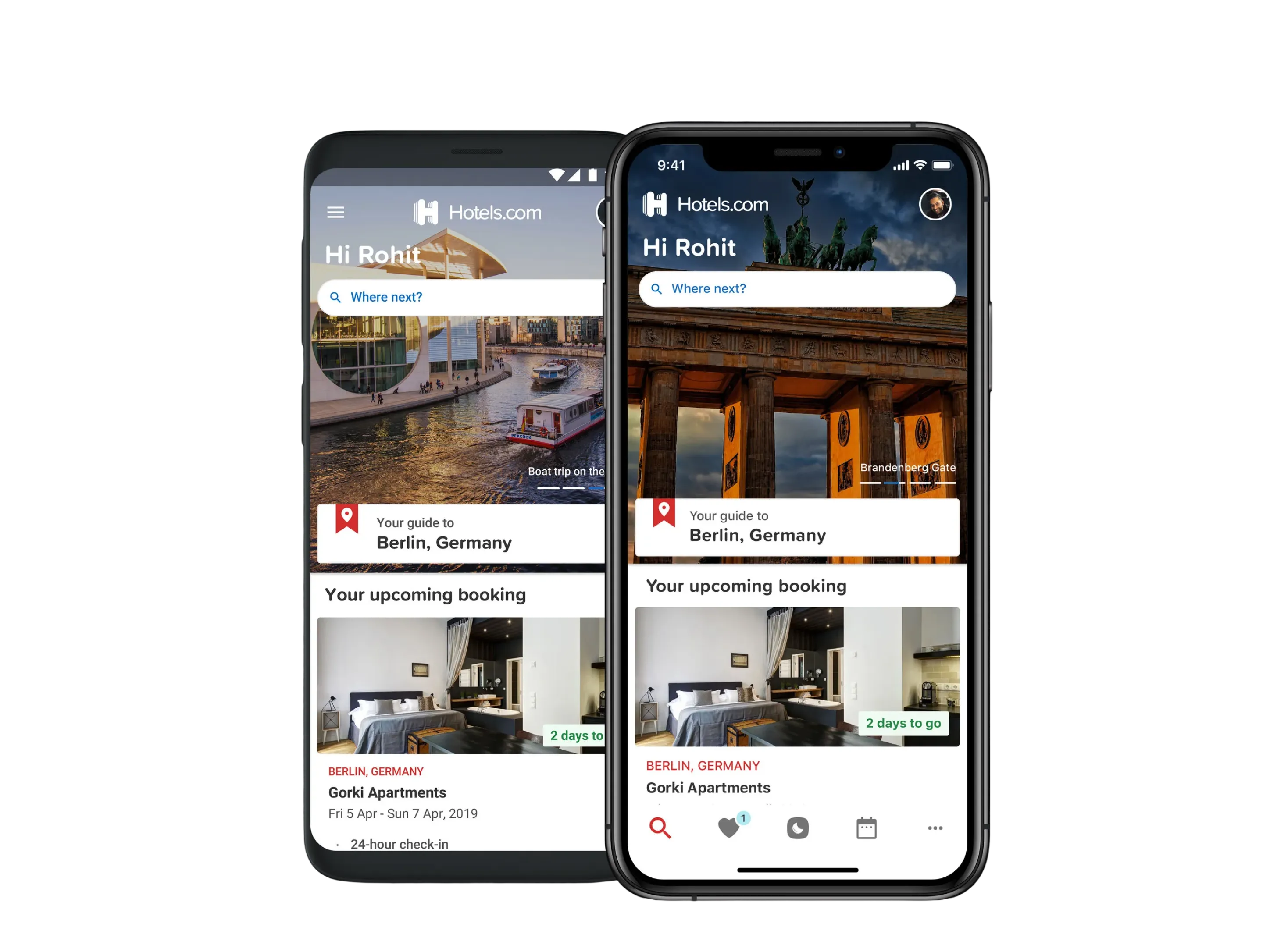 The Hotels.com home on Android and an iPhone X. A named greeting and a rounded search field sit over a city photograph, followed by a guide card for the destination and the upcoming booking.