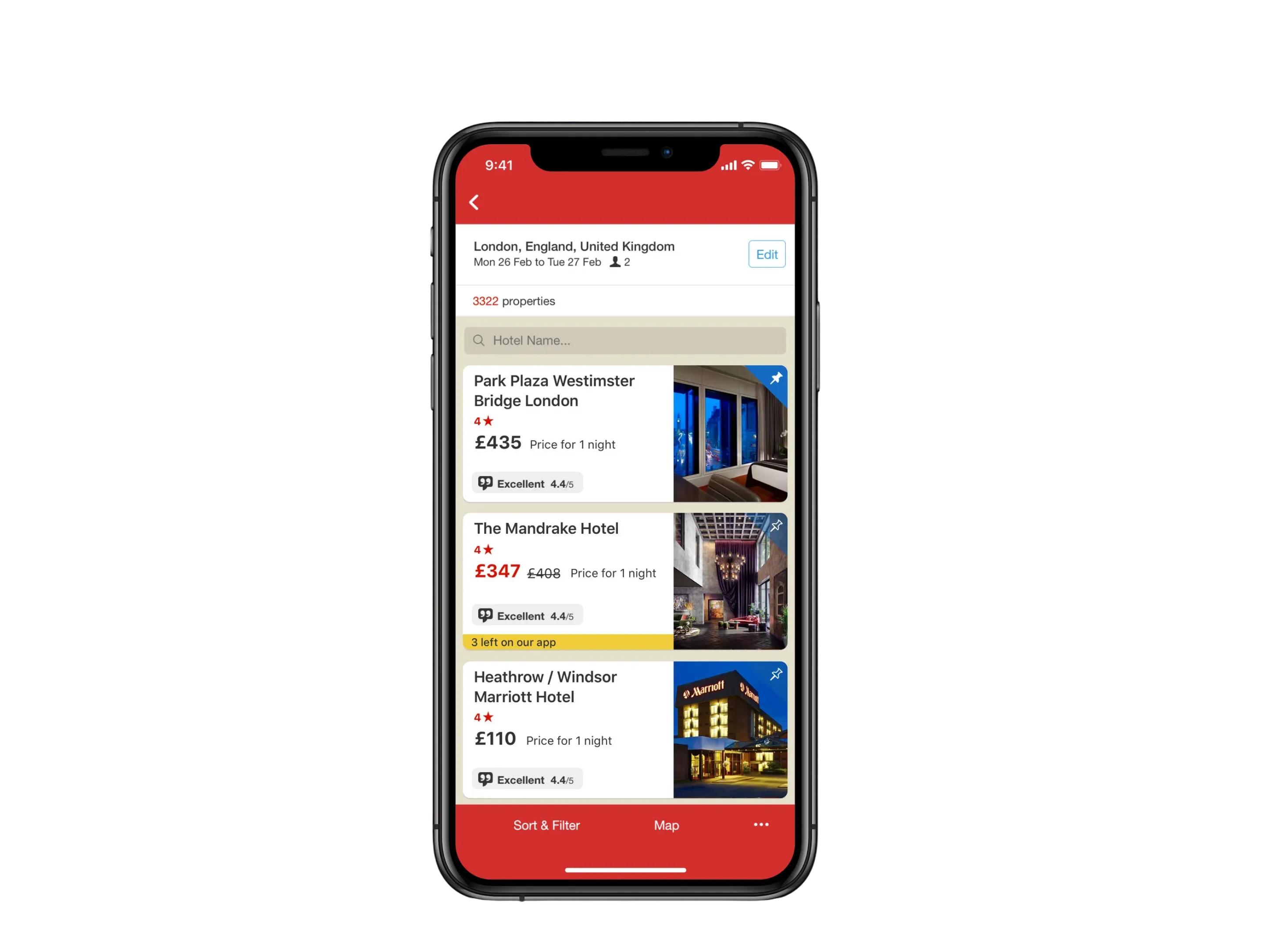 Hotels.com search results before the rebuild, on an iPhone X. A red header over a white bar reading "London, England, United Kingdom" with an Edit button, then "3322 properties" and a grey "Hotel Name..." field. Each result is a fixed row: name, star rating, price and an "Excellent 4.4/5" chip, with a square photograph and a pin icon at the trailing edge.