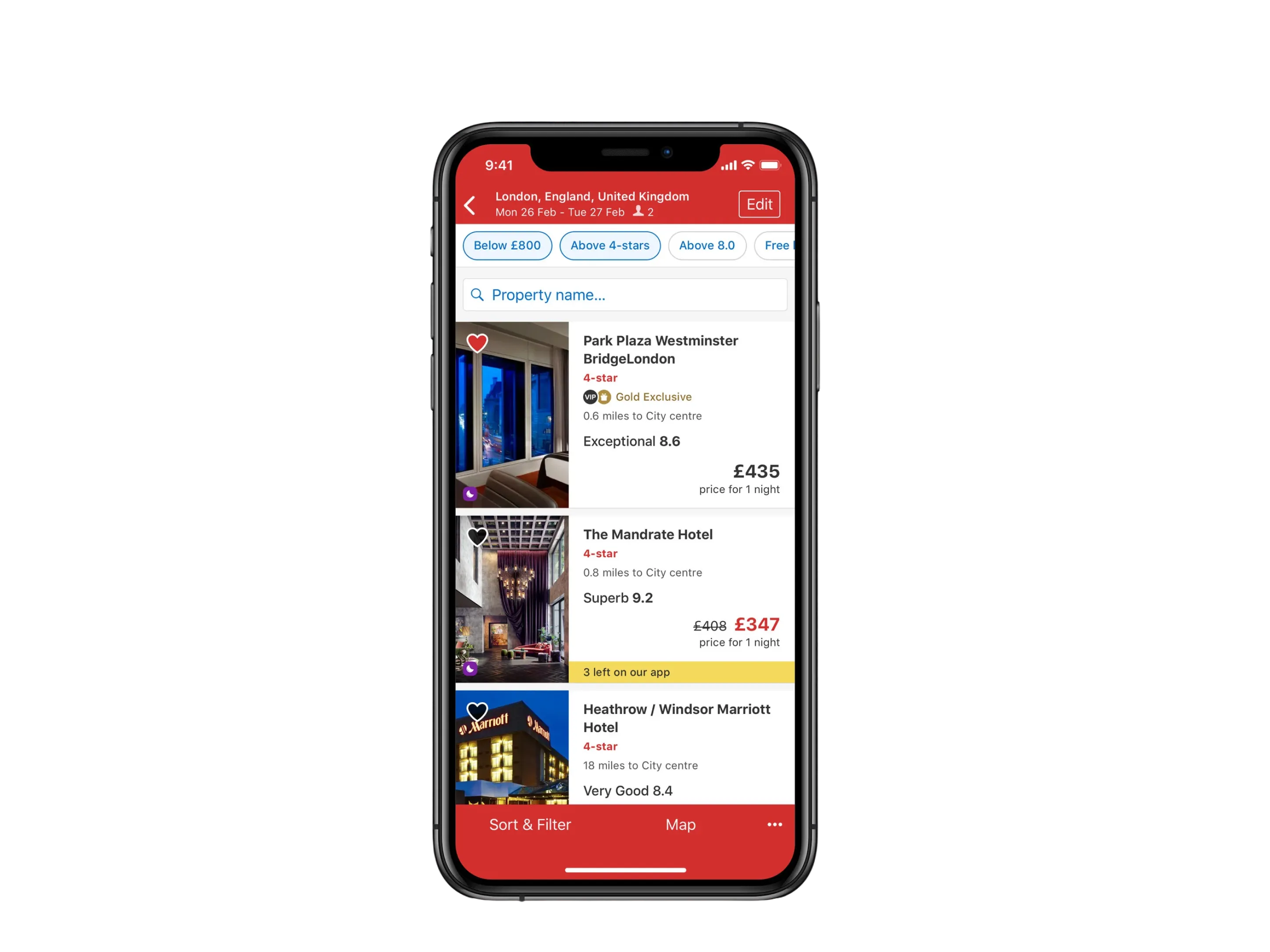 The same three properties with the card reversed: the photograph sits on the leading edge and the text on the right, with the review score above a right-aligned price. Taller cards, so fewer than three results fit on screen.
