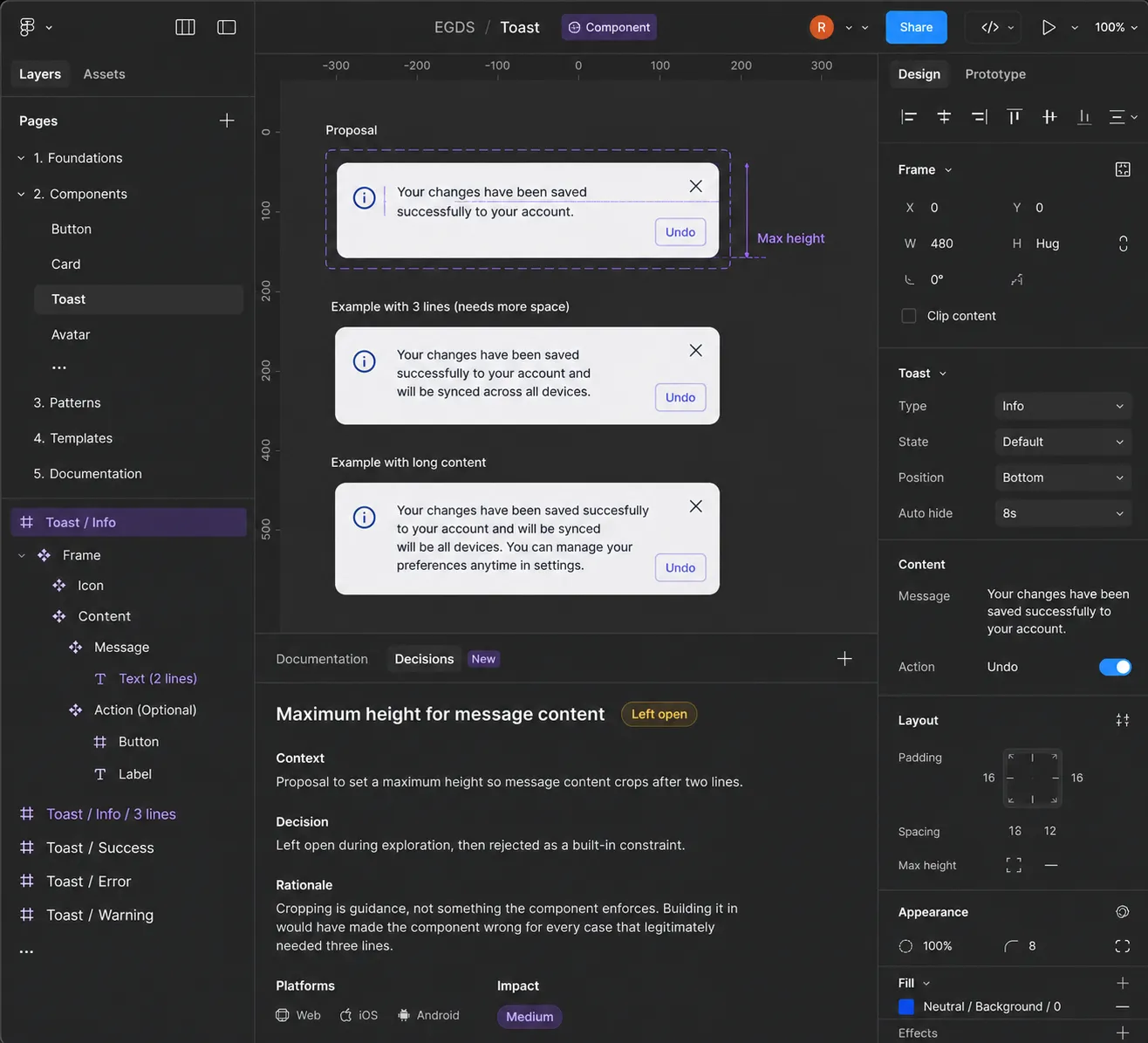 A Figma component page for Toast showing the proposed two-line maximum beside three-line and long-content examples, with the decision recorded as left open and then rejected.