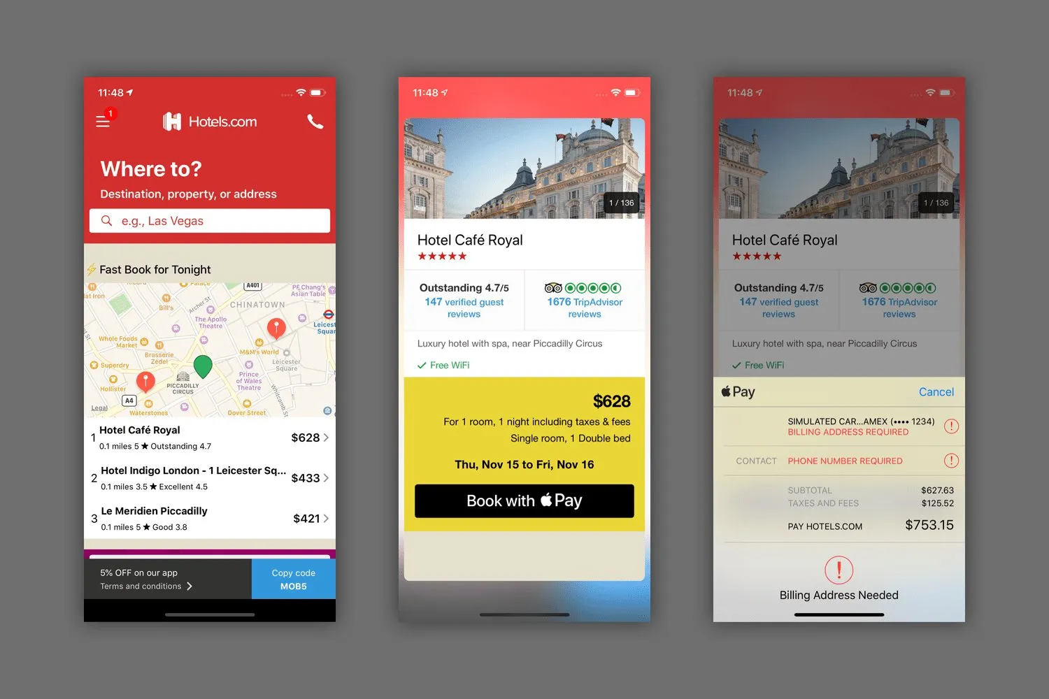 An early iOS build of the lighter app. A map of tonight’s hotels, Hotel Café Royal at $628 with Book with Apple Pay, and the Apple Pay sheet asking for a billing address.