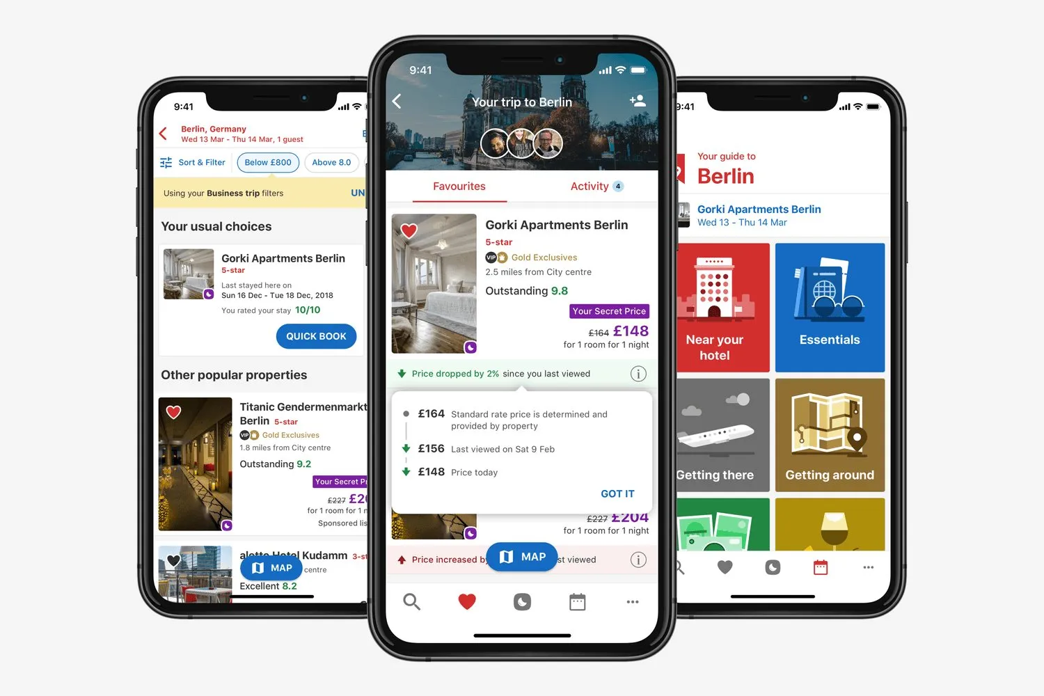 Three iPhones. A results list with business-trip filters, a trip to Berlin with a price change, and a Berlin guide with tiles for the hotel, essentials, and getting around.