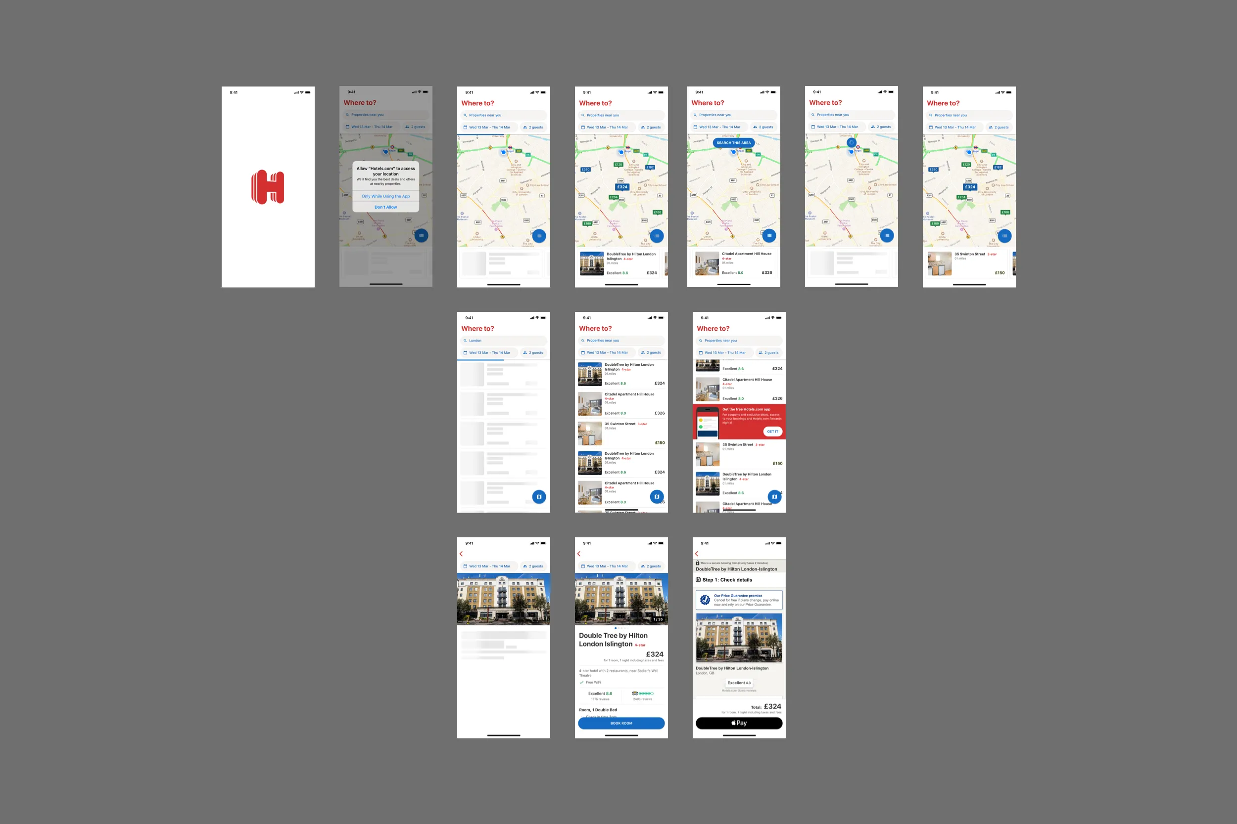Hotels.com on iPhone, from the red H through a map, a list of stays, a hotel page for the DoubleTree by Hilton London, and Apple Pay.