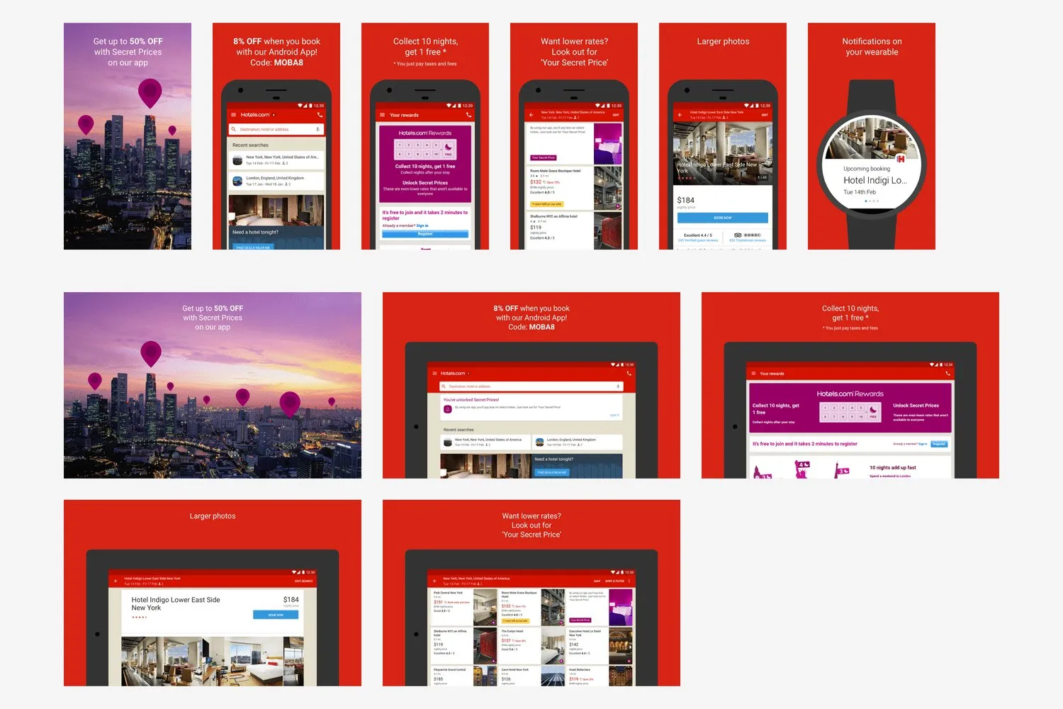 App Store screenshots on red. Secret Prices, a code for the Android app, rewards, larger photos, and a watch notification for Hotel Indigo.