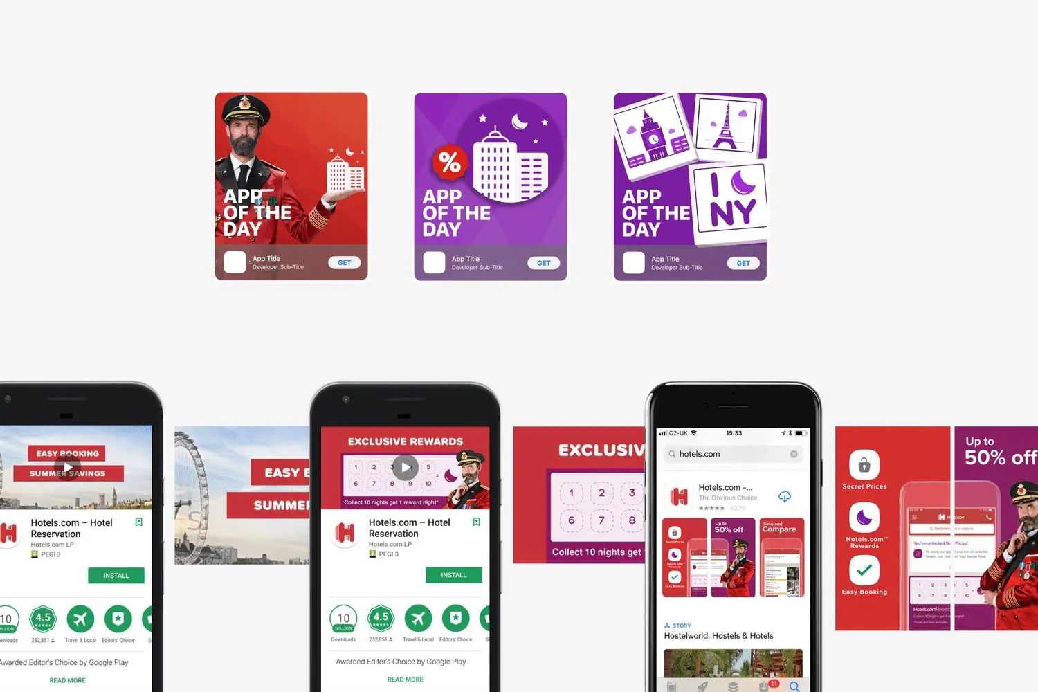 Store artwork for App of the Day, and the Google Play listing with an Editors’ Choice badge.