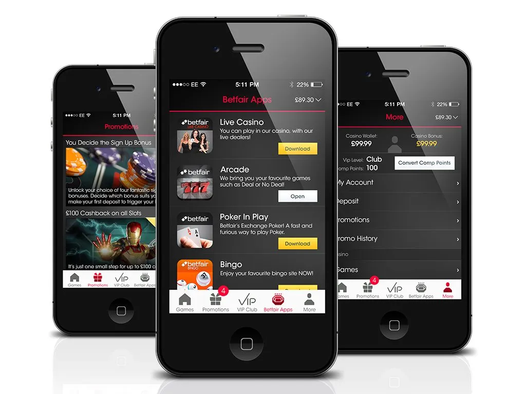 Three iPhones showing Betfair Arcade, the lobby and a game.