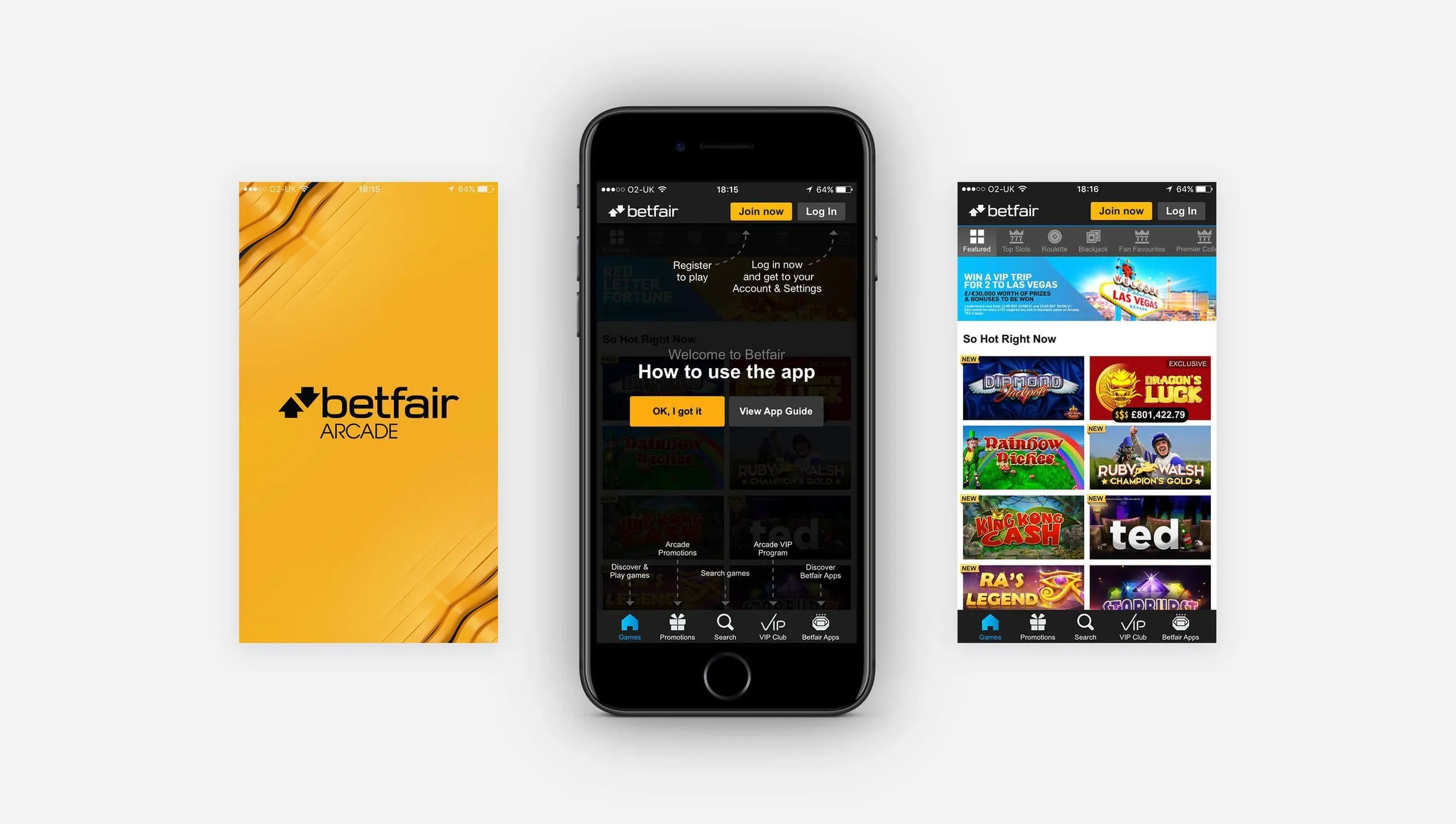 Betfair Arcade. A yellow title card, an iPhone pointing at Join now and Log in, and the game lobby.