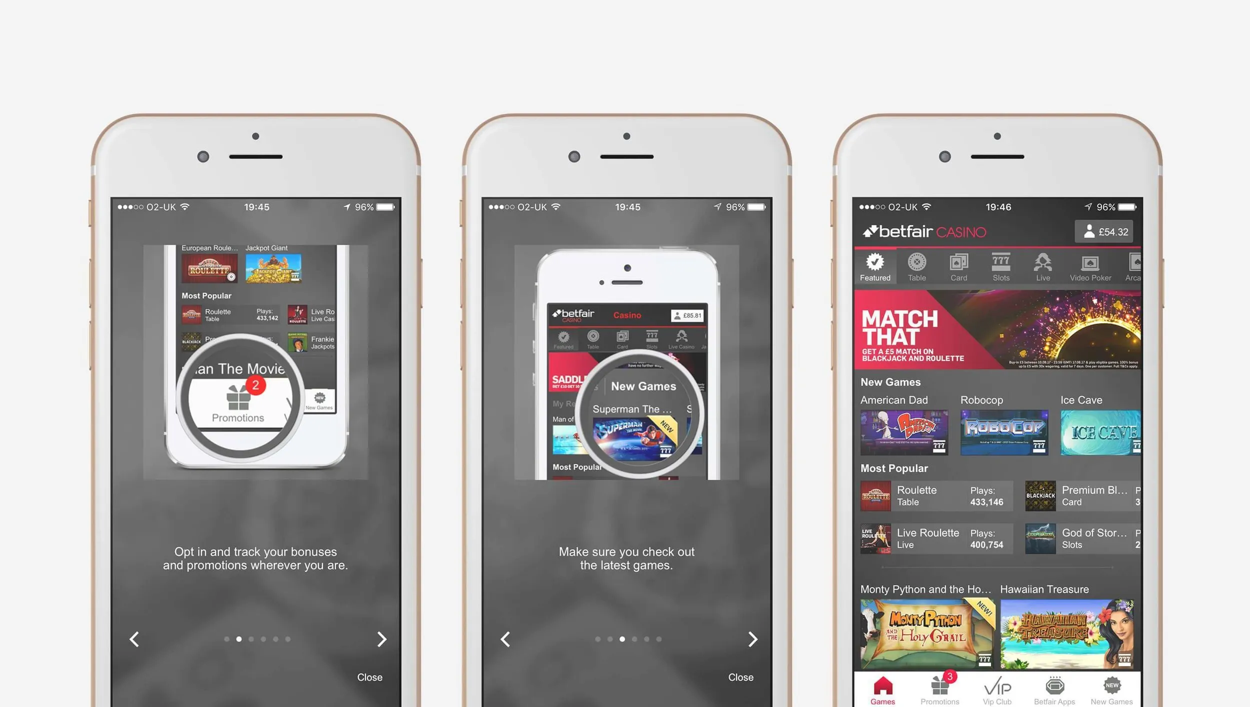 Three iPhones. Two show the Betfair Casino introduction, with Promotions and New Games circled. The third is the lobby, with a balance of £54.32.