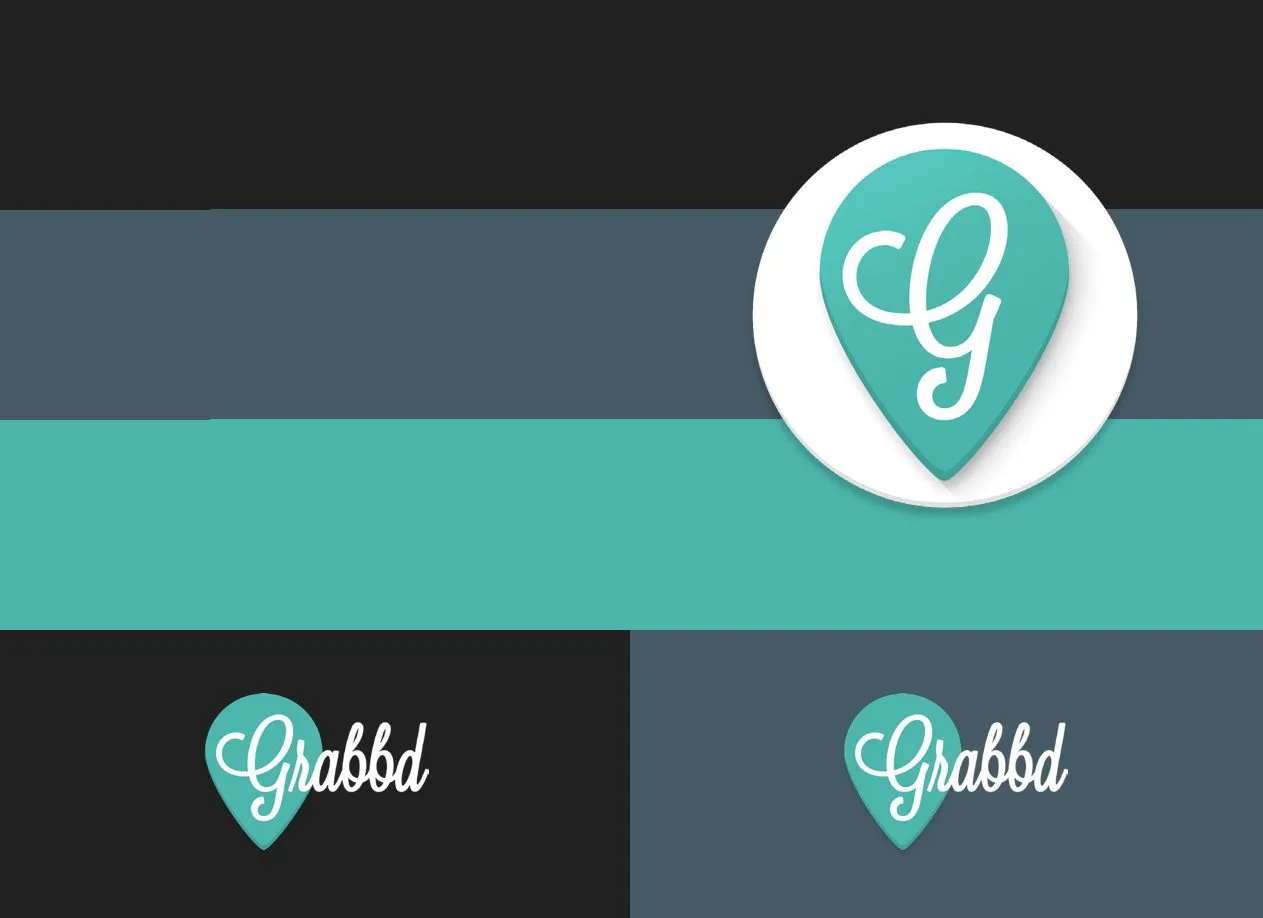 The Grabbd pin on teal, navy, and black bars, and the wordmark in the same colours.
