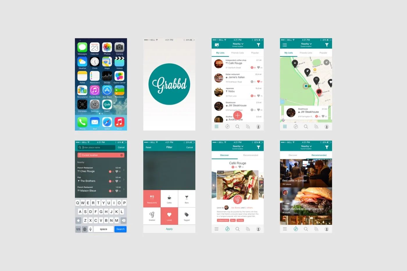 Grabbd on iPhone: a teal mark, a list of places, a map, search, a filter for restaurants, and a page for Café Rouge.