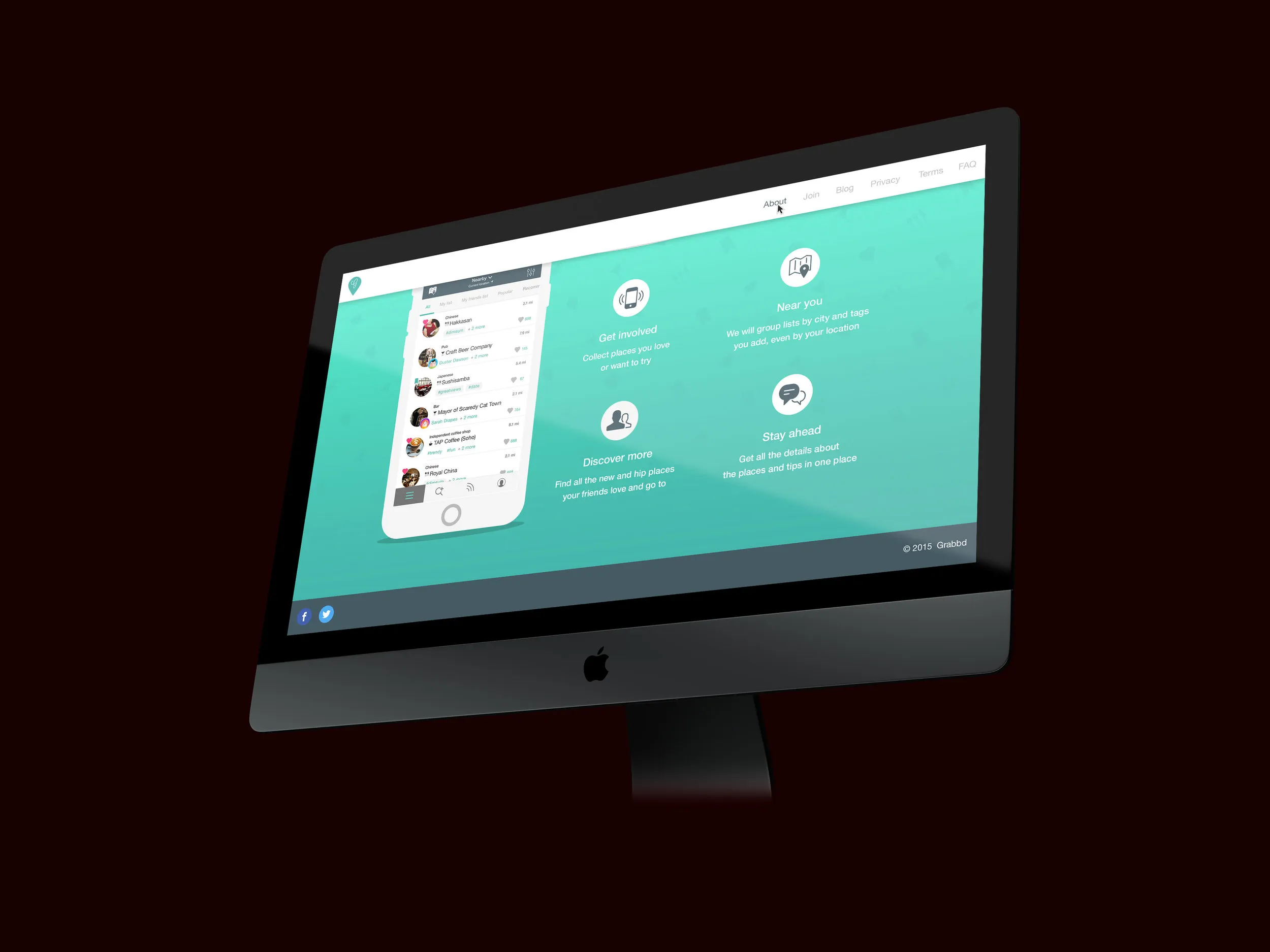 The Grabbd site on a desktop screen, teal, with the app beside four short points: get involved, near you, discover more, stay ahead.