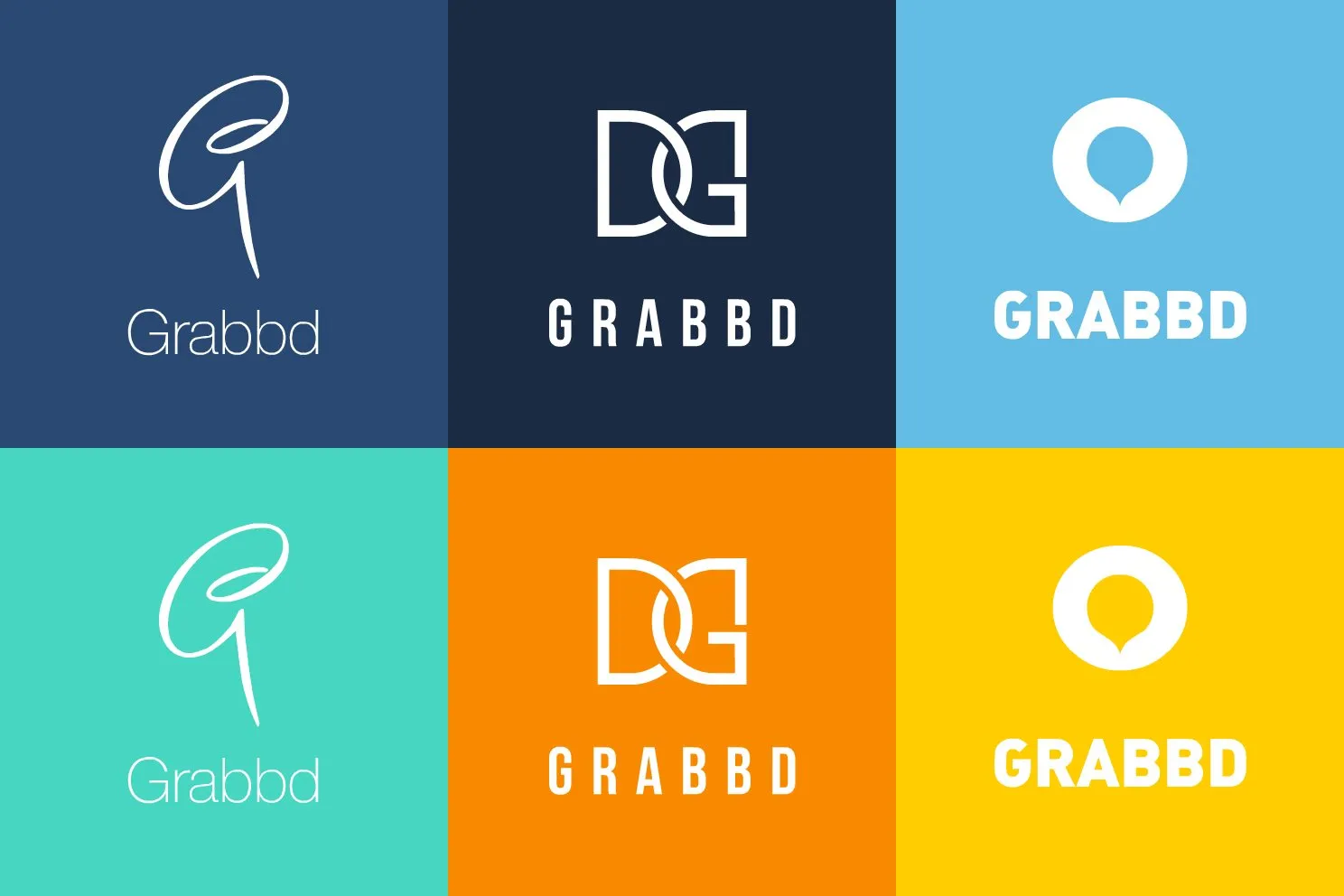 Six Grabbd marks. The pin and the word, in navy, teal, and gold.