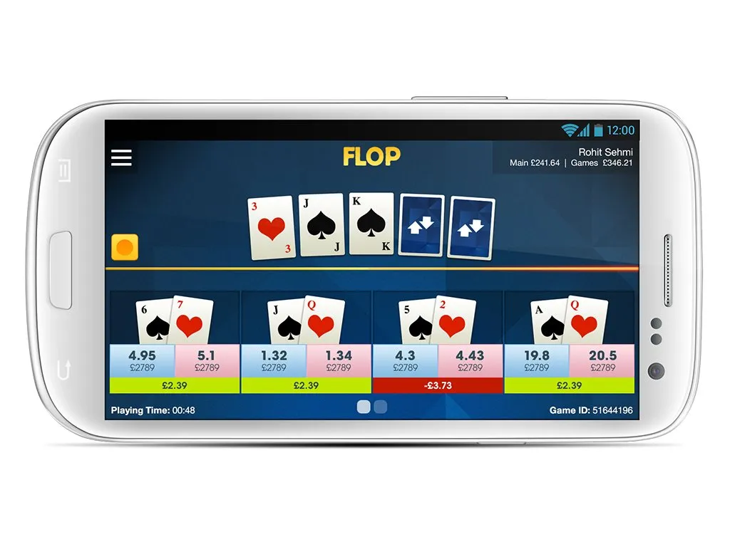 A white Android phone on the same poker table, at the flop.