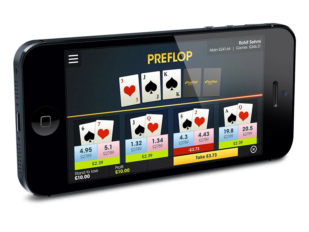 A black iPhone on a Betfair poker table, at preflop, with the hole cards and the betting buttons.